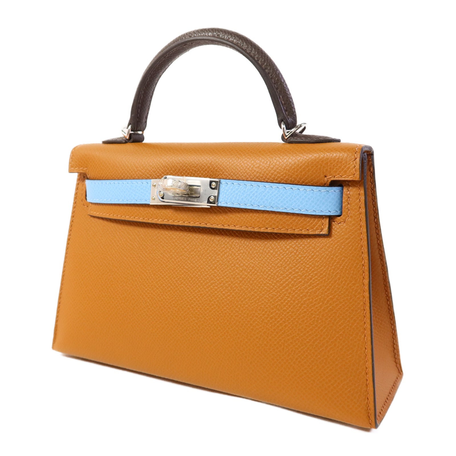 HERMES Epsom皮革Mini Kelly銀扣手挽肩背兩用袋Gold/Ecorce/Celeste