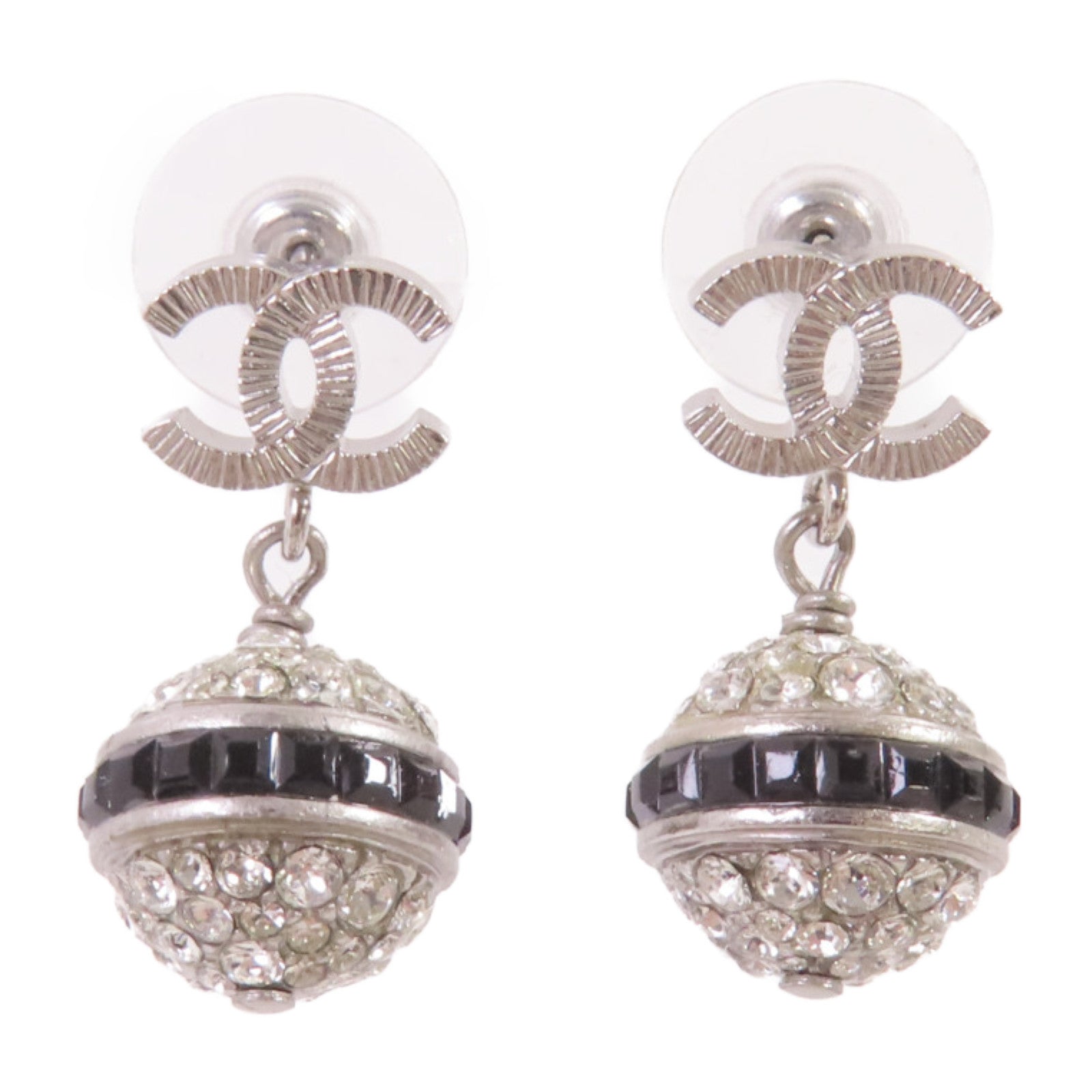 CHANEL 金屬/水鑽CC Earrings銀扣耳環銀色/黑色