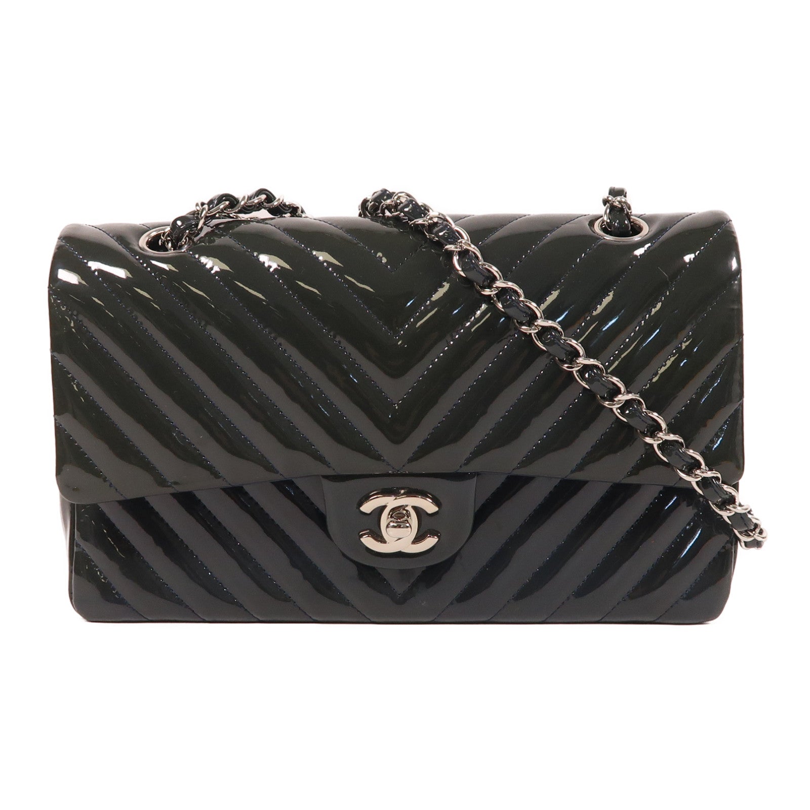 CHANEL 【激減優惠】漆皮皮革Shoulder Bag銀扣鏈帶肩背袋深藍色