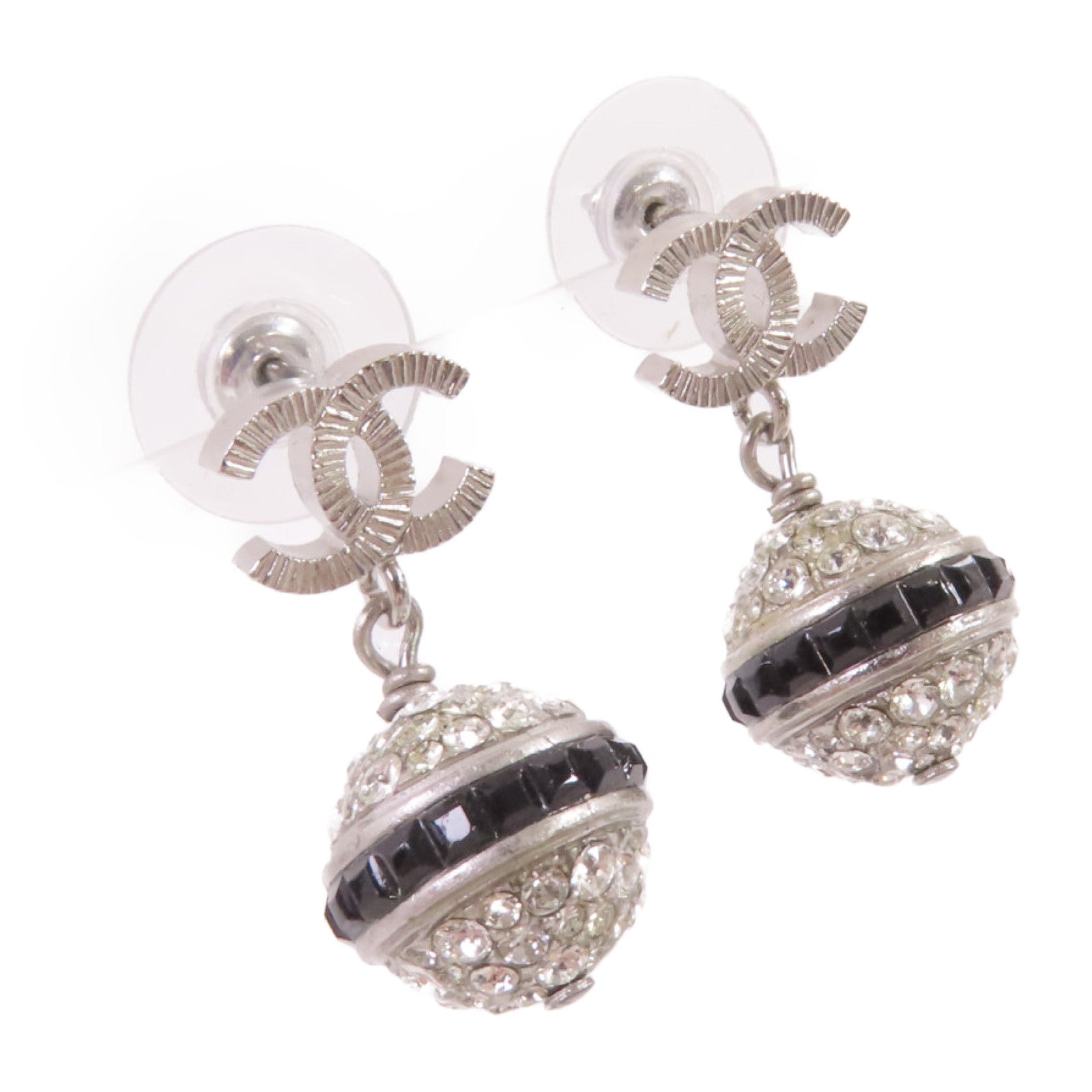 CHANEL 金屬/水鑽CC Earrings銀扣耳環銀色/黑色