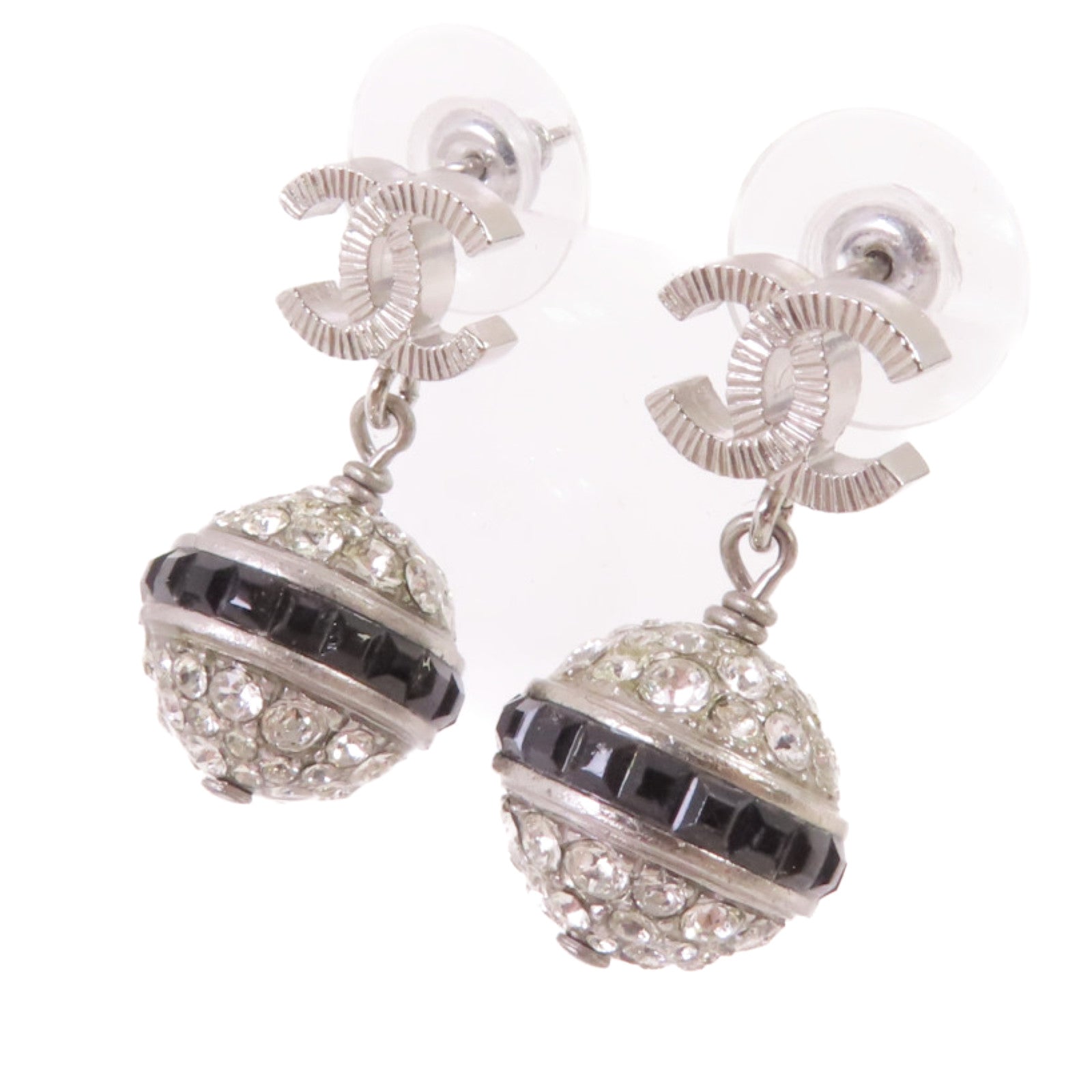 CHANEL 金屬/水鑽CC Earrings銀扣耳環銀色/黑色