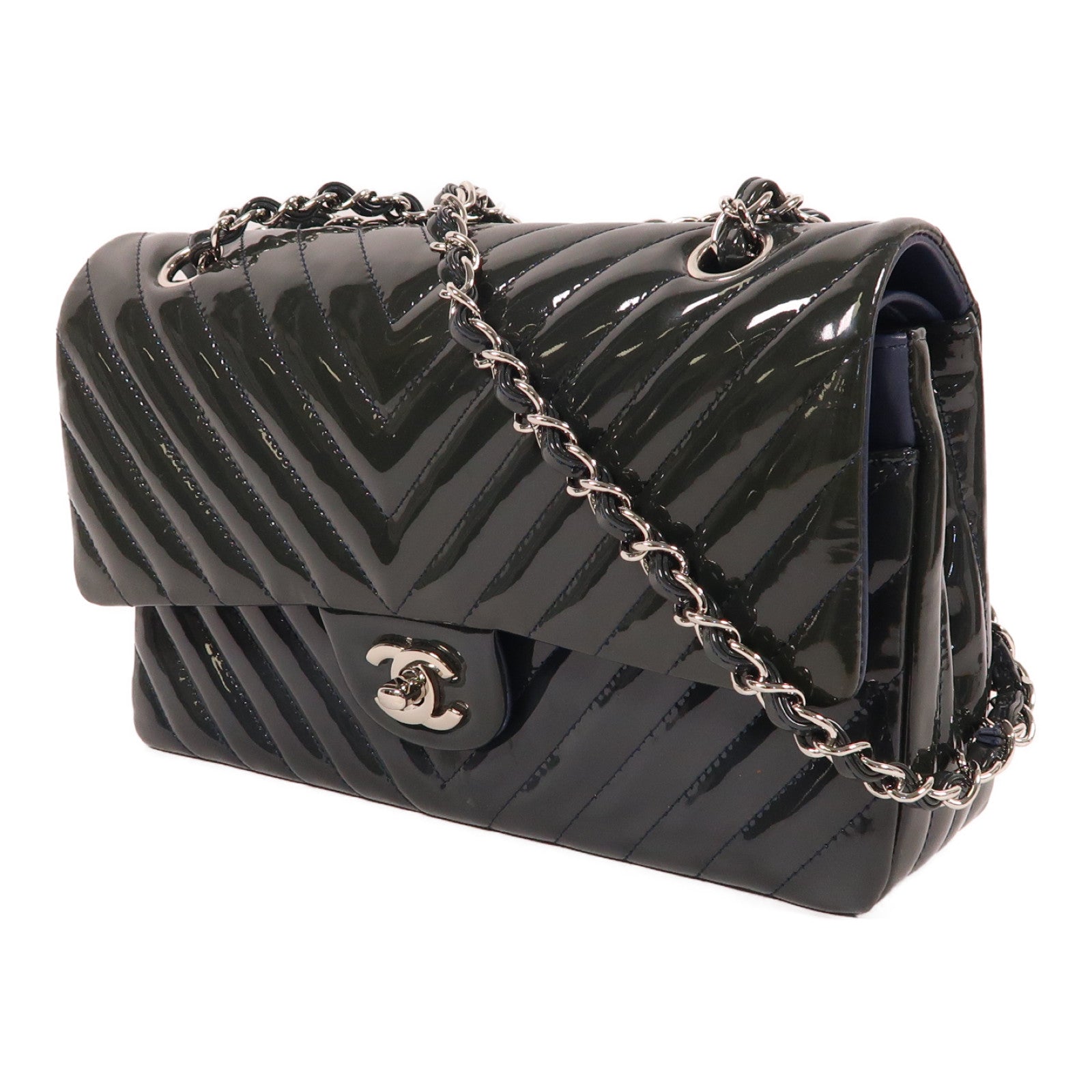 CHANEL 【激減優惠】漆皮皮革Shoulder Bag銀扣鏈帶肩背袋深藍色