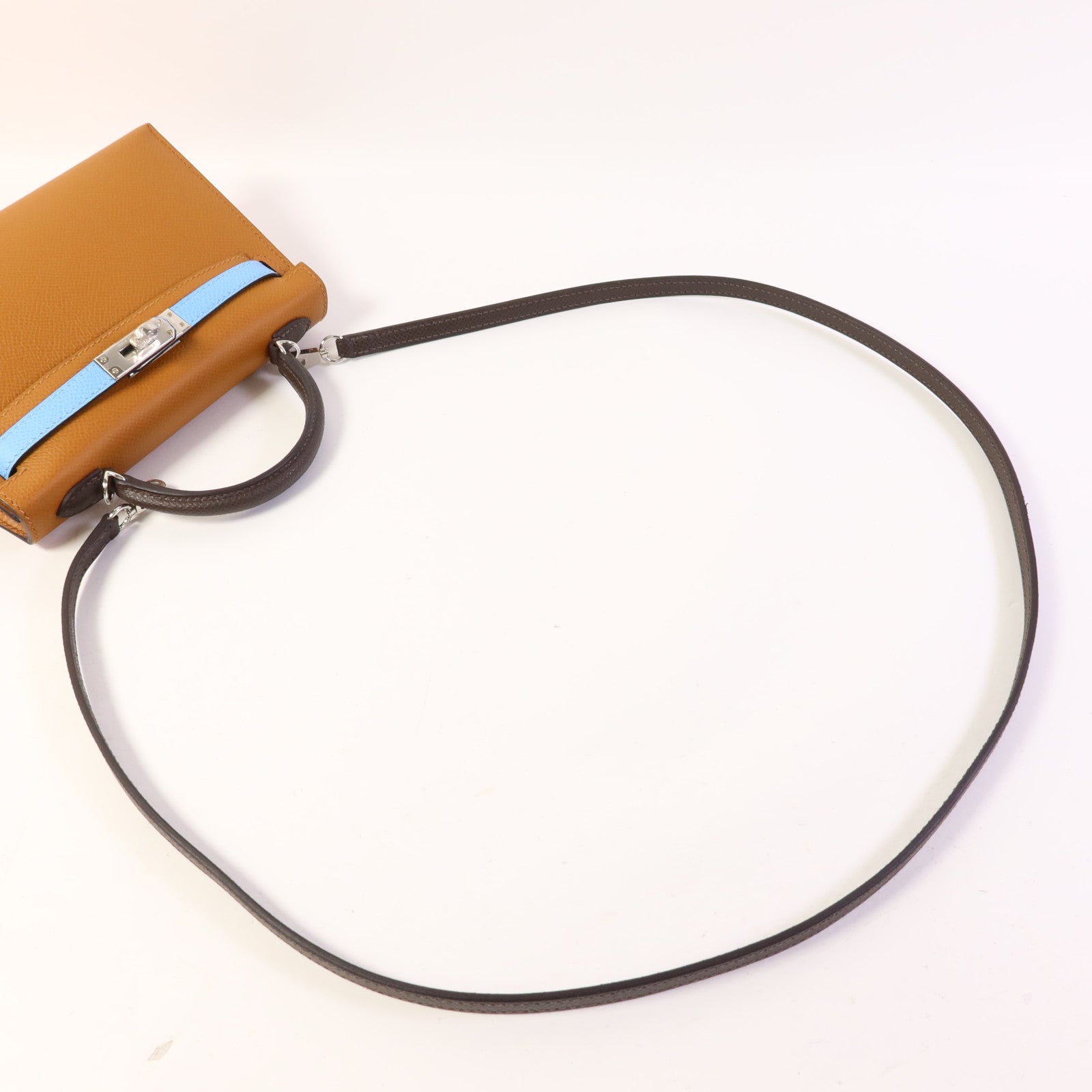 HERMES Epsom皮革Mini Kelly銀扣手挽肩背兩用袋Gold/Ecorce/Celeste