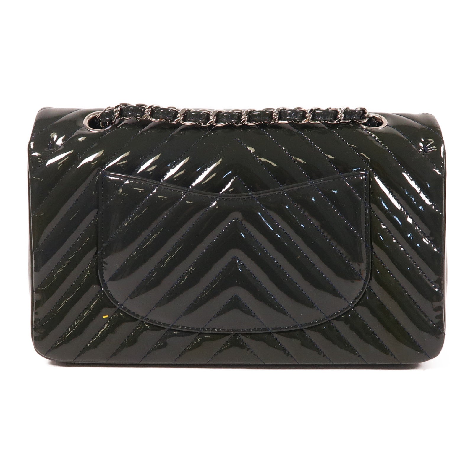 CHANEL 【激減優惠】漆皮皮革Shoulder Bag銀扣鏈帶肩背袋深藍色