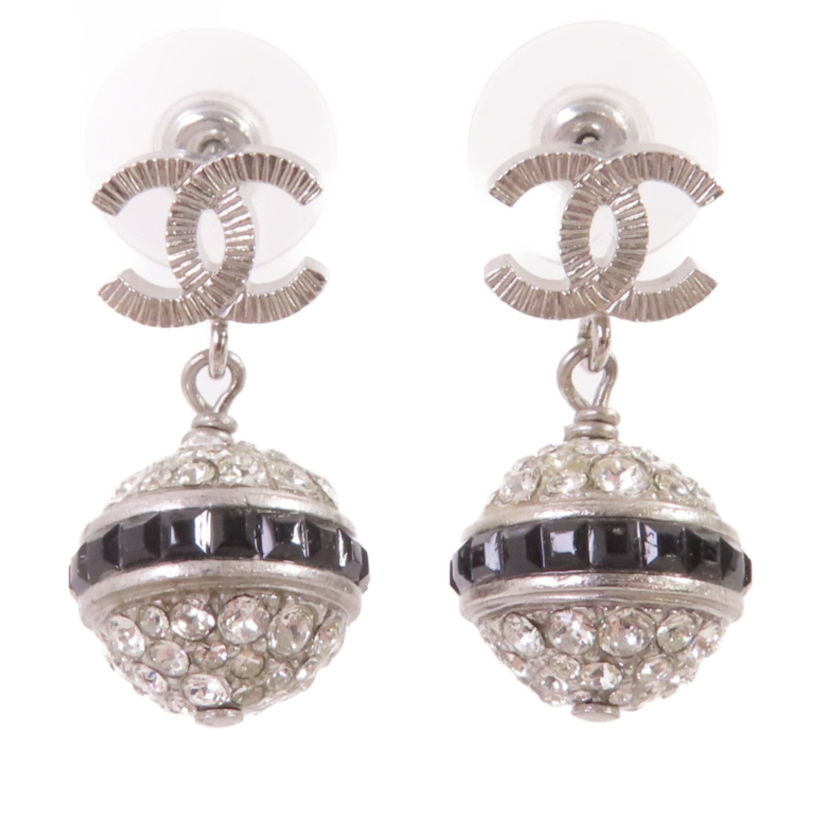 CHANEL 金屬/水鑽CC Earrings銀扣耳環銀色/黑色