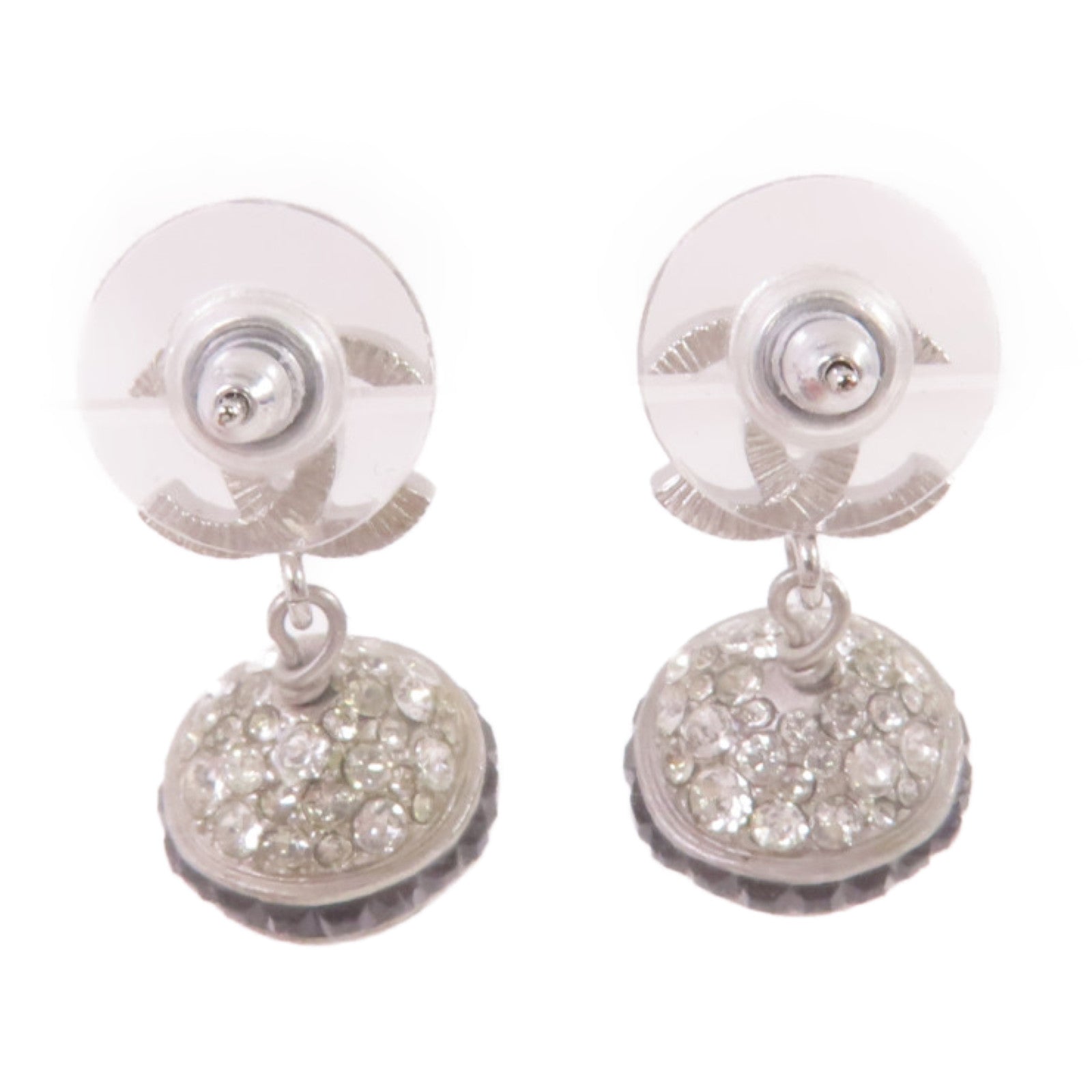 CHANEL 金屬/水鑽CC Earrings銀扣耳環銀色/黑色