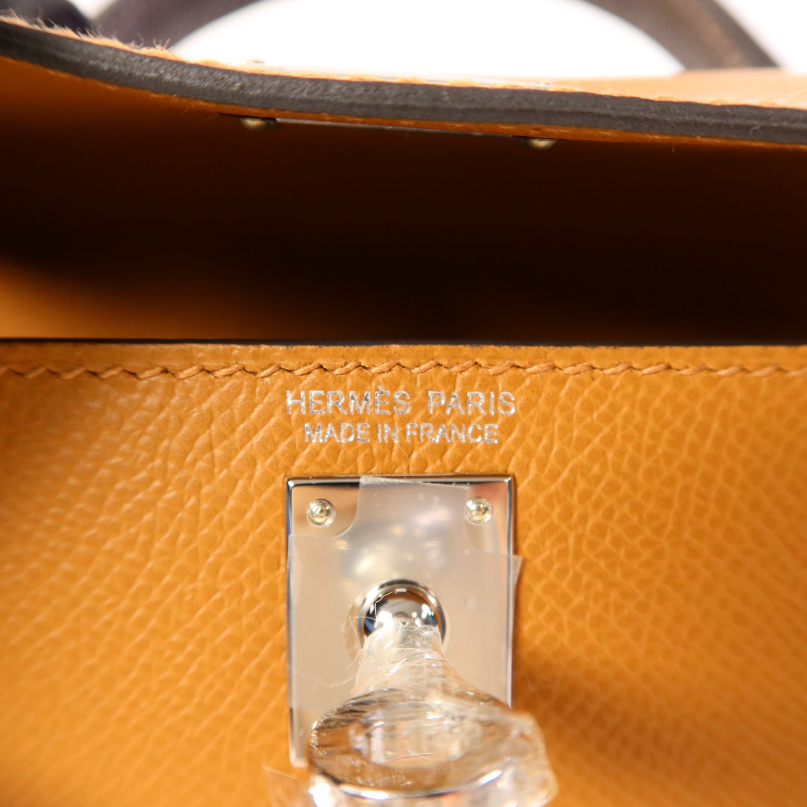 HERMES Epsom皮革Mini Kelly銀扣手挽肩背兩用袋Gold/Ecorce/Celeste