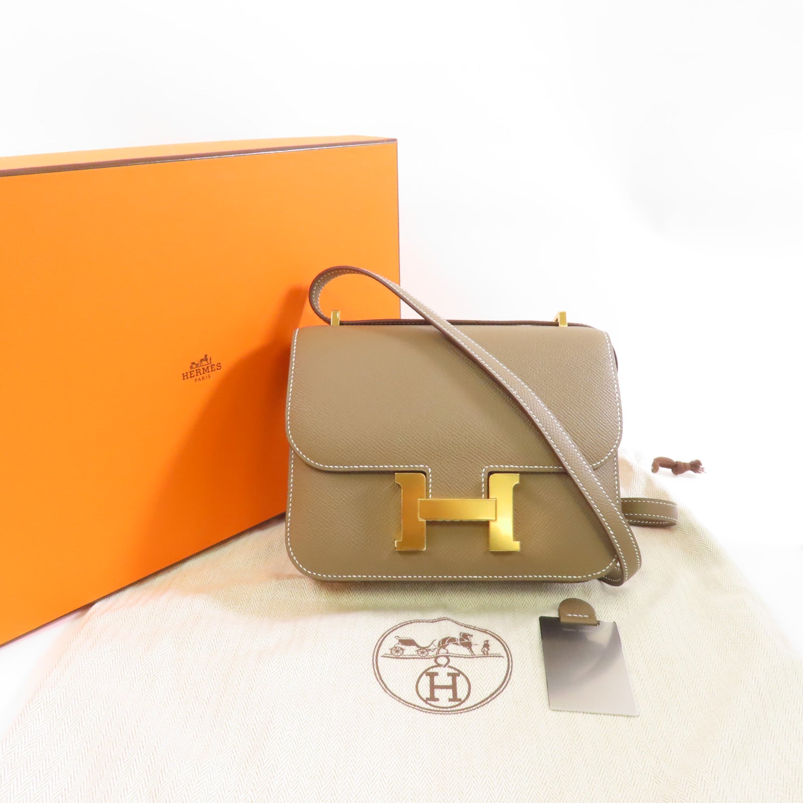 HERMES Epsom皮革Constance Mini金扣肩Etoupe背袋米灰色