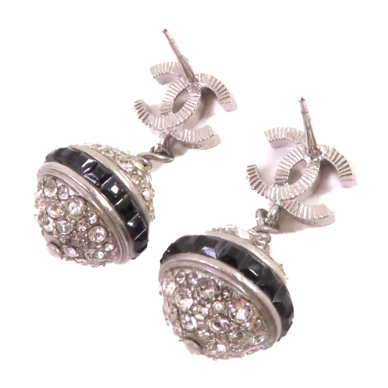 CHANEL 金屬/水鑽CC Earrings銀扣耳環銀色/黑色