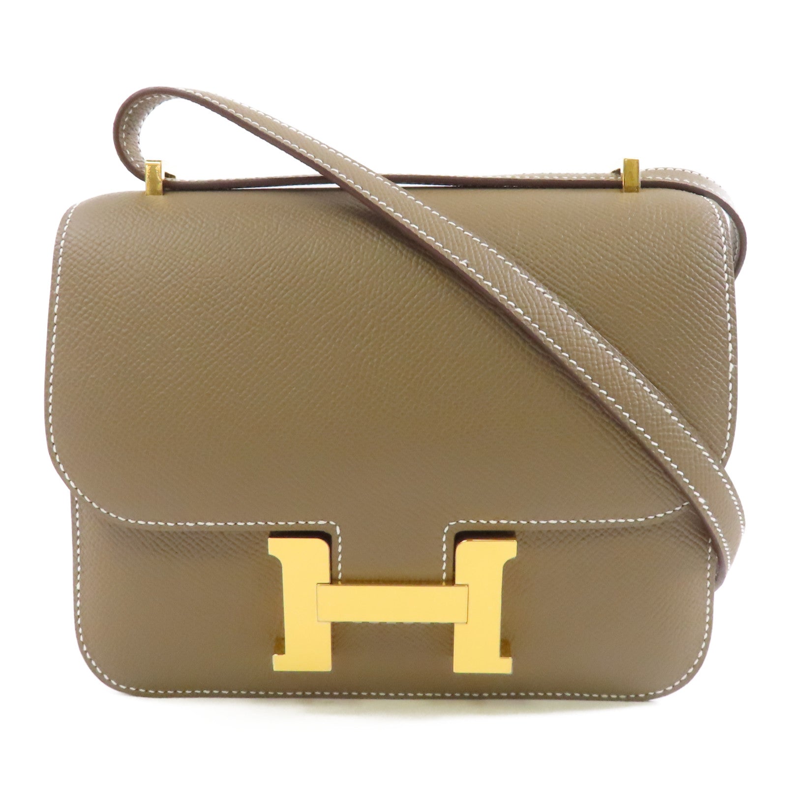 HERMES Epsom皮革Constance Mini金扣肩Etoupe背袋米灰色