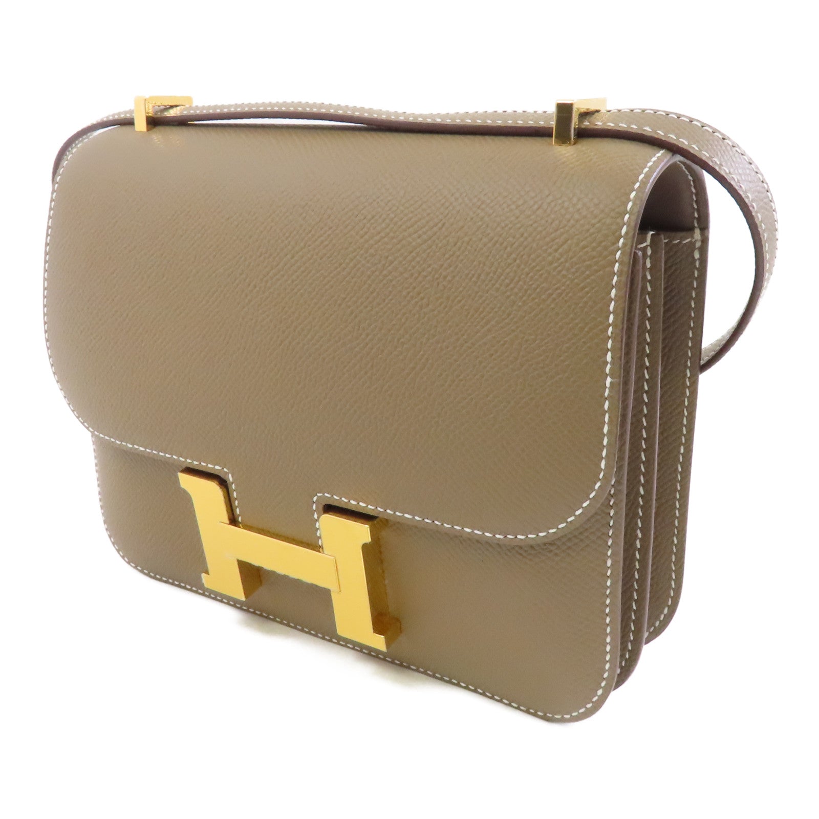 HERMES Epsom皮革Constance Mini金扣肩Etoupe背袋米灰色