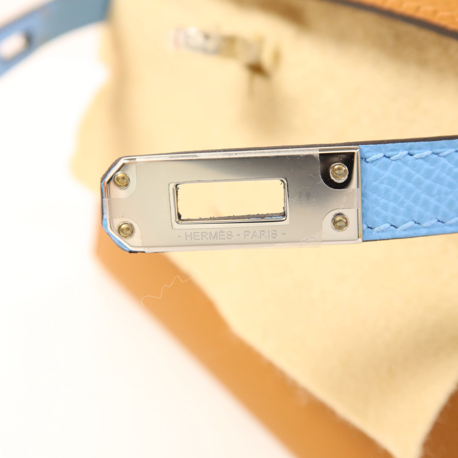 HERMES Epsom皮革Mini Kelly銀扣手挽肩背兩用袋Gold/Ecorce/Celeste