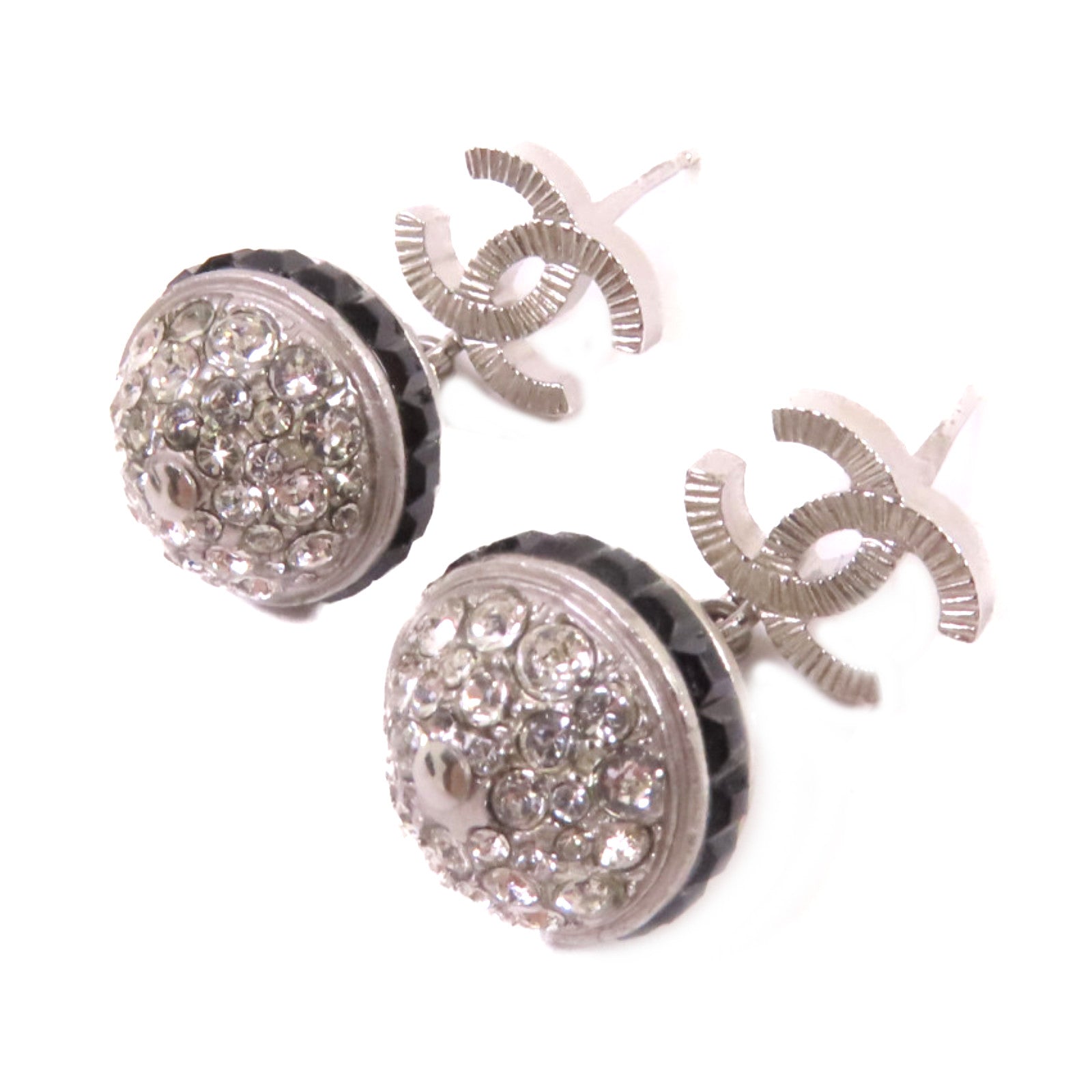CHANEL 金屬/水鑽CC Earrings銀扣耳環銀色/黑色