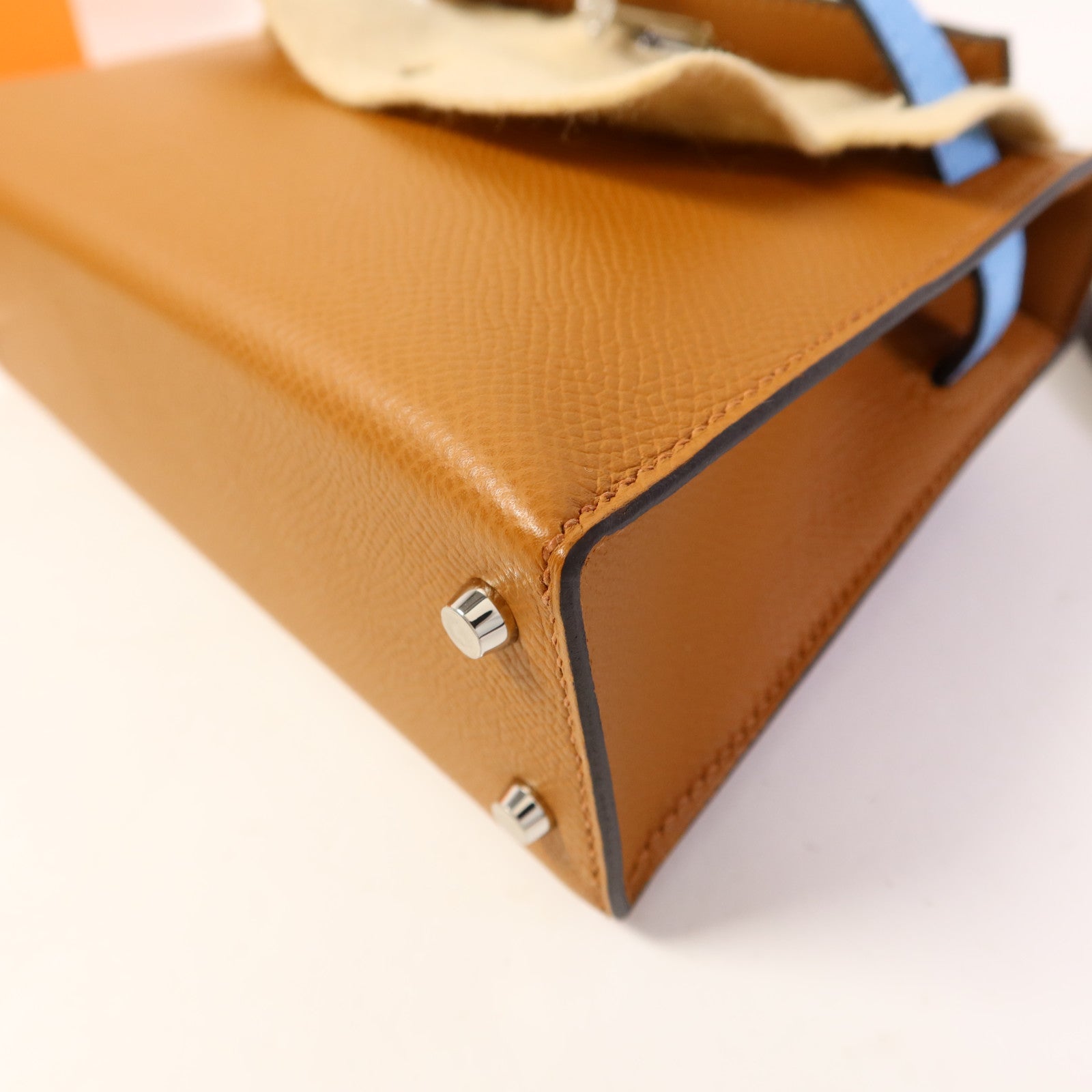 HERMES Epsom皮革Mini Kelly銀扣手挽肩背兩用袋Gold/Ecorce/Celeste