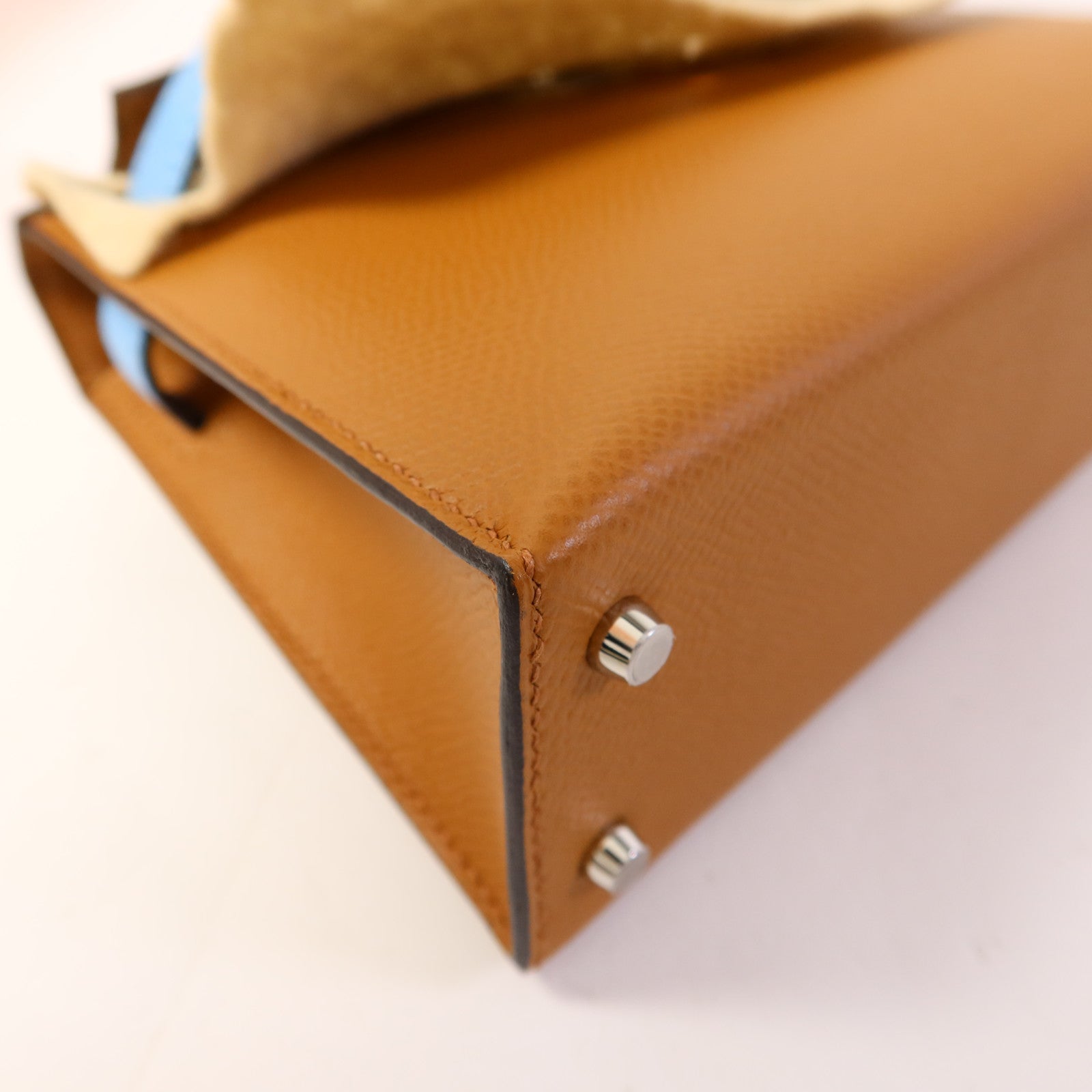 HERMES Epsom皮革Mini Kelly銀扣手挽肩背兩用袋Gold/Ecorce/Celeste