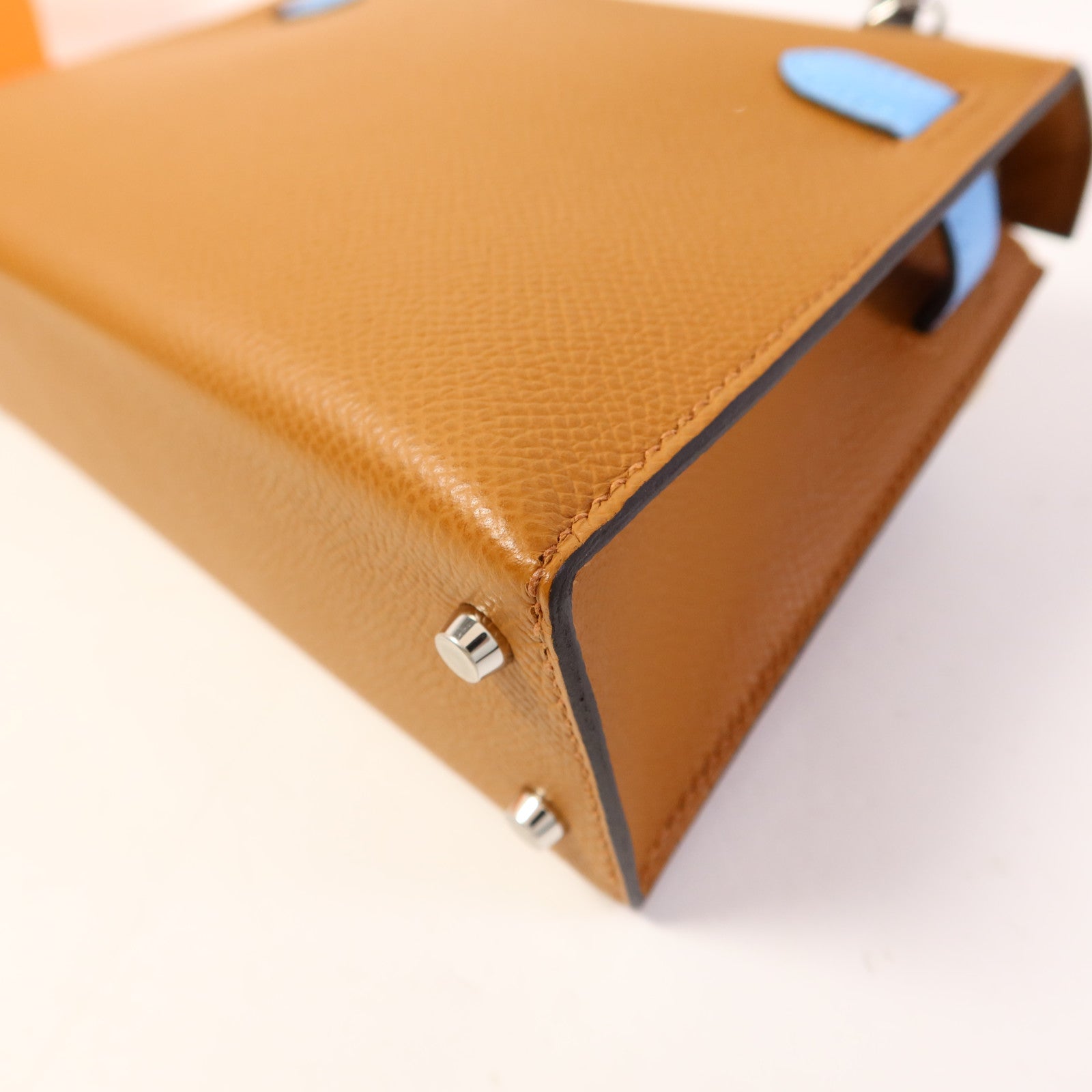 HERMES Epsom皮革Mini Kelly銀扣手挽肩背兩用袋Gold/Ecorce/Celeste