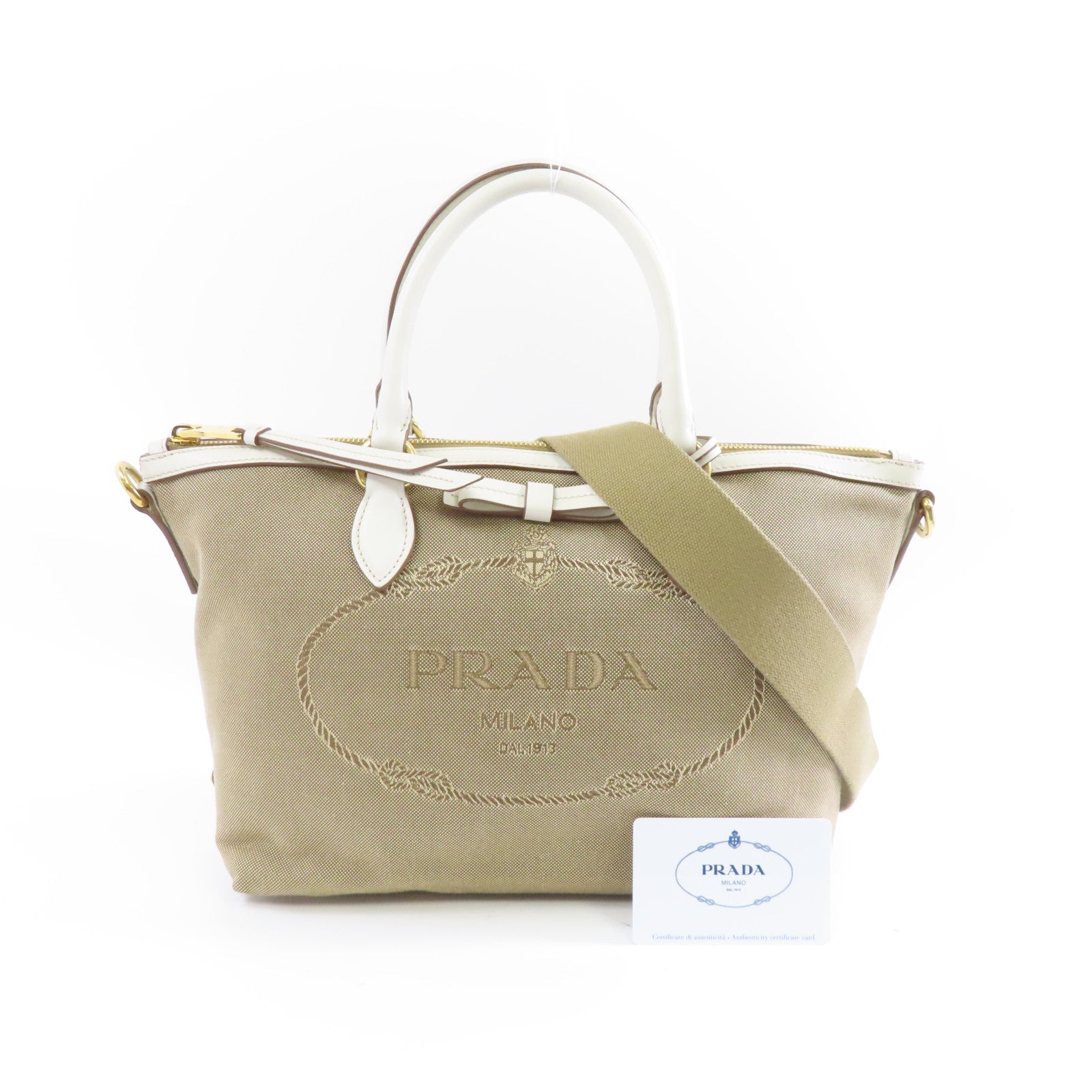 PRADA 帆布Logo Jacquard Shoulder Bag金扣手挽肩背兩用袋啡色/白色