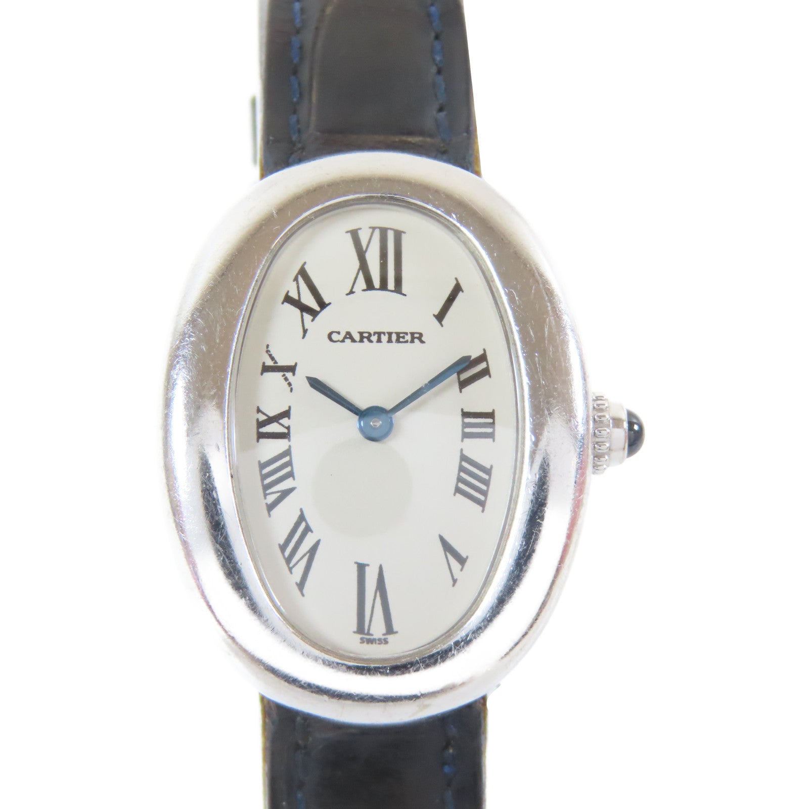 CARTIER 18K白金/皮革Baignoire石英機芯手錶白色#17cm