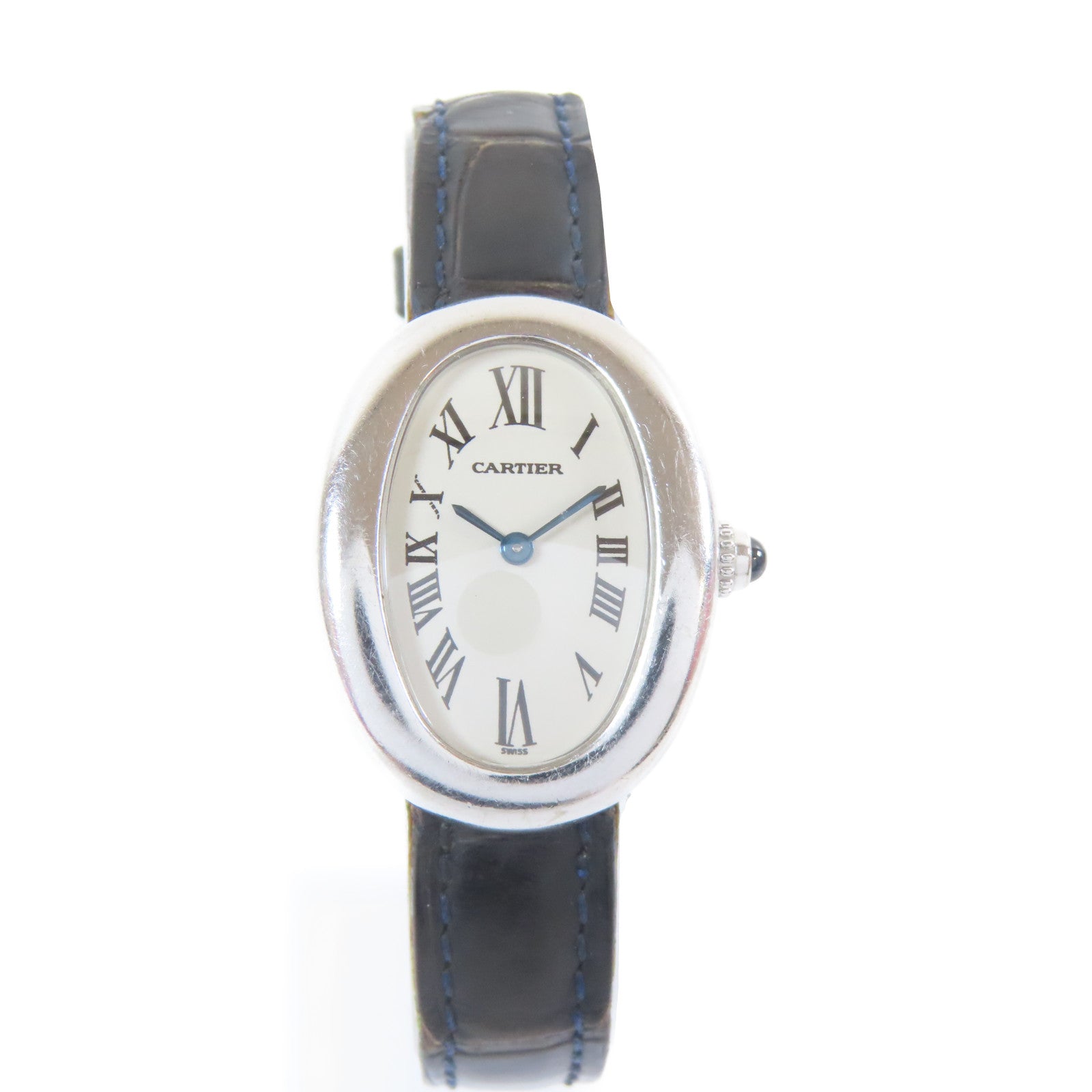 CARTIER 18K白金/皮革Baignoire石英機芯手錶白色#17cm