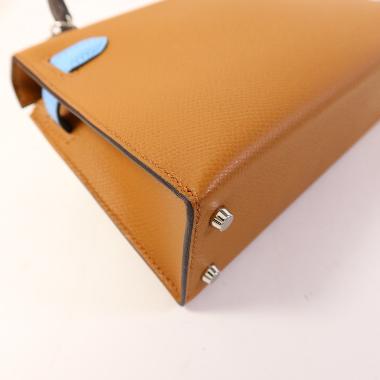 HERMES Epsom皮革Mini Kelly銀扣手挽肩背兩用袋Gold/Ecorce/Celeste