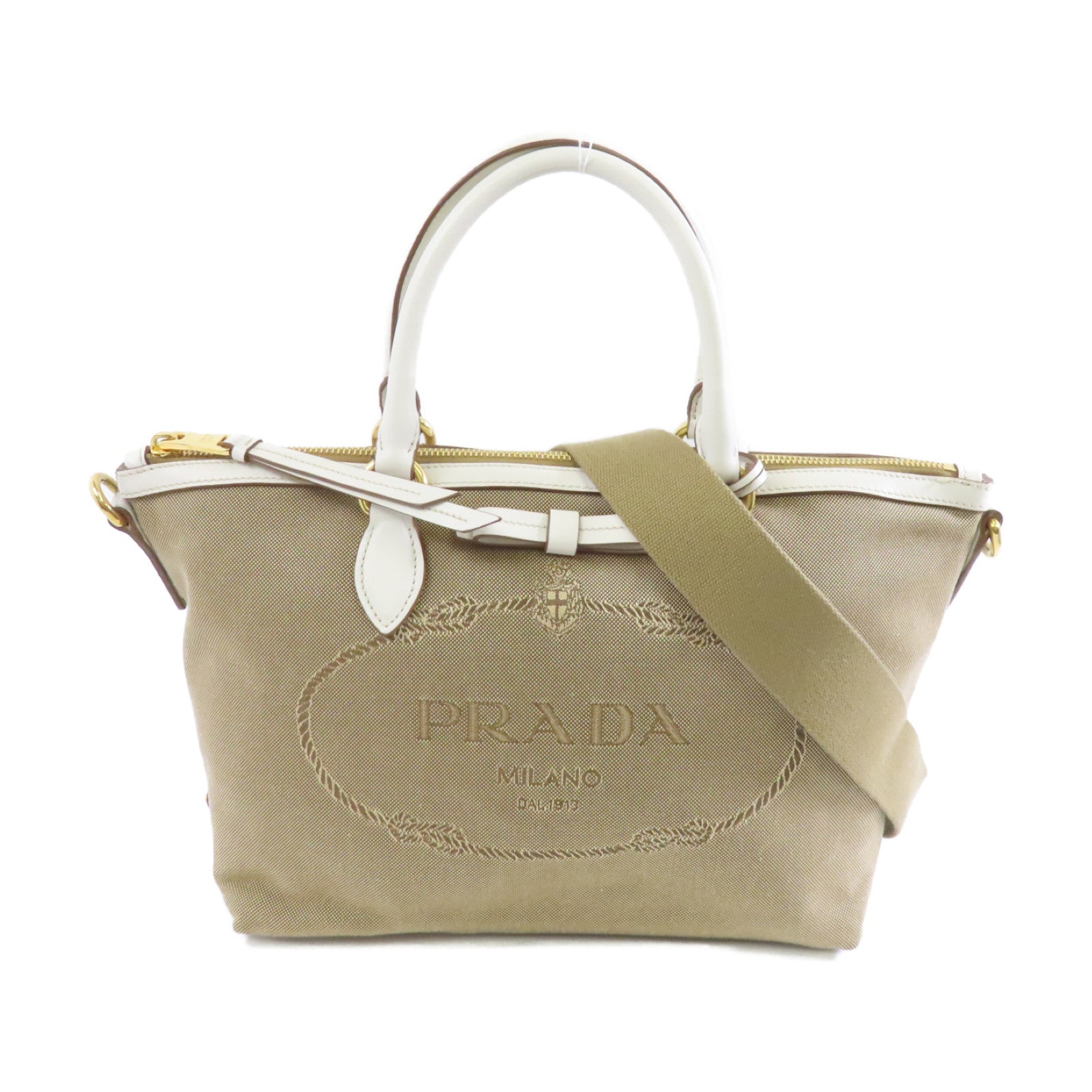 PRADA 帆布Logo Jacquard Shoulder Bag金扣手挽肩背兩用袋啡色/白色