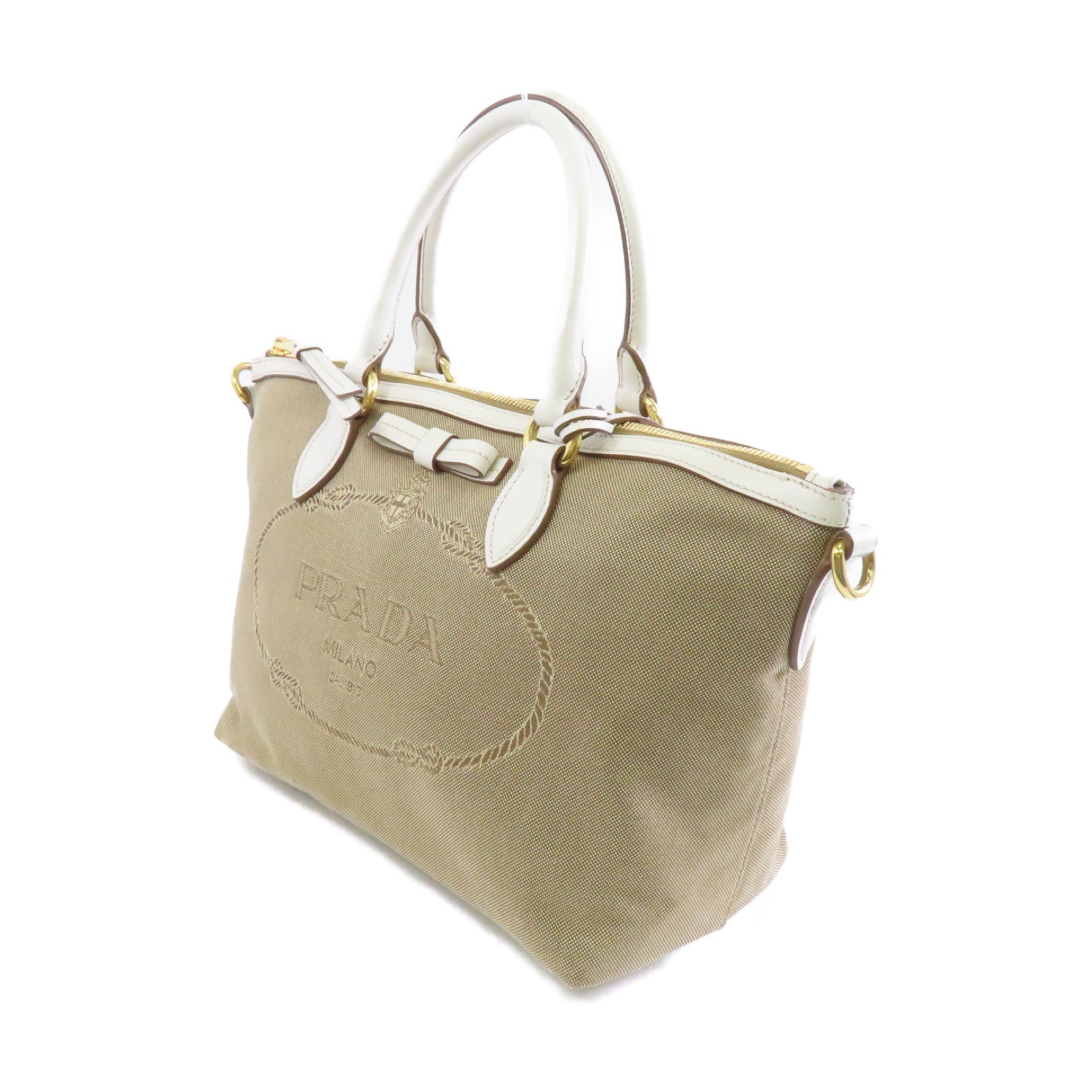 PRADA 帆布Logo Jacquard Shoulder Bag金扣手挽肩背兩用袋啡色/白色