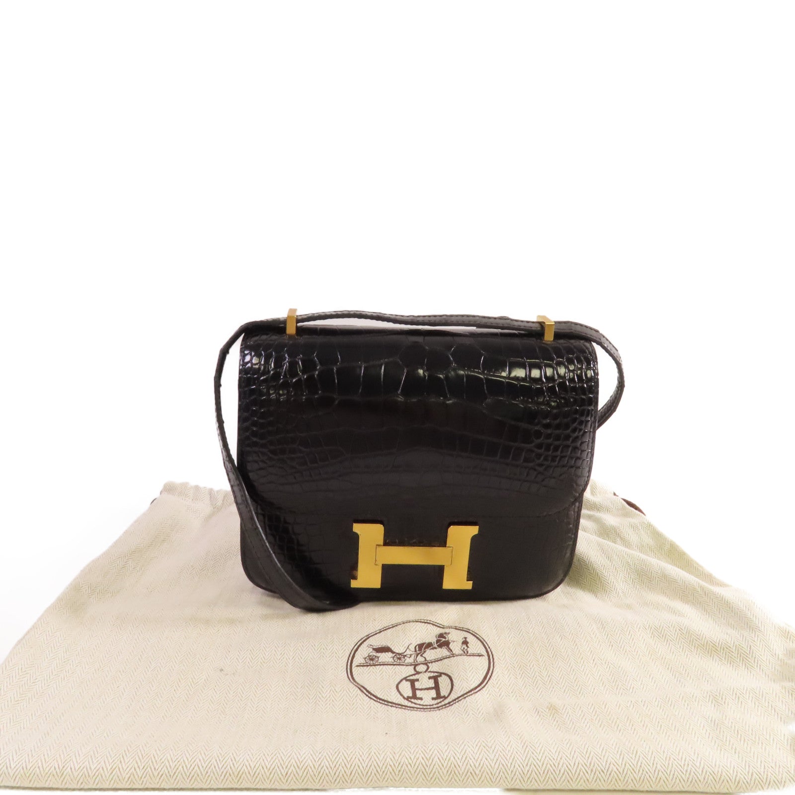 HERMES 鱷魚皮革Constance Mini Shoulder Bag金扣肩背袋黑色