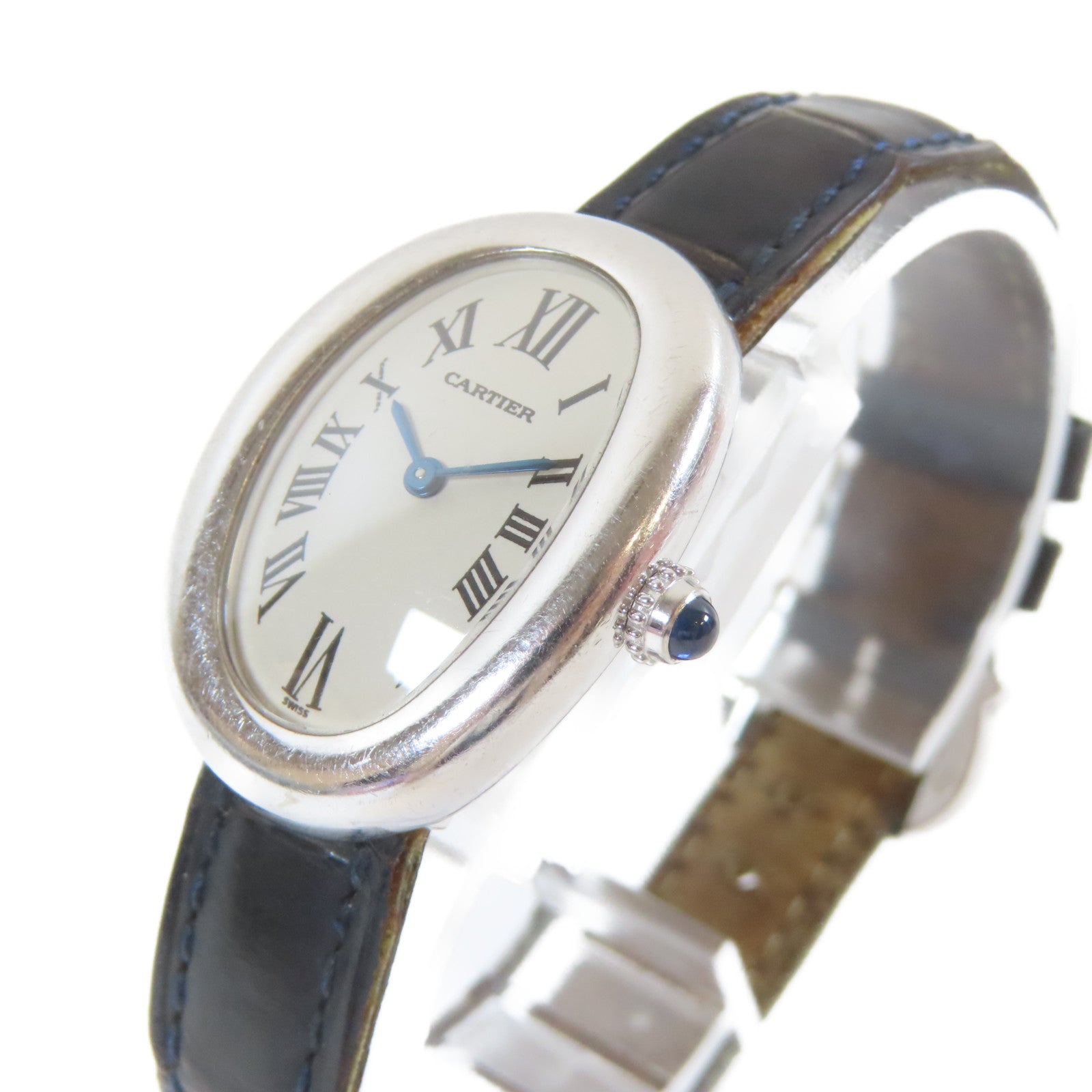 CARTIER 18K白金/皮革Baignoire石英機芯手錶白色#17cm