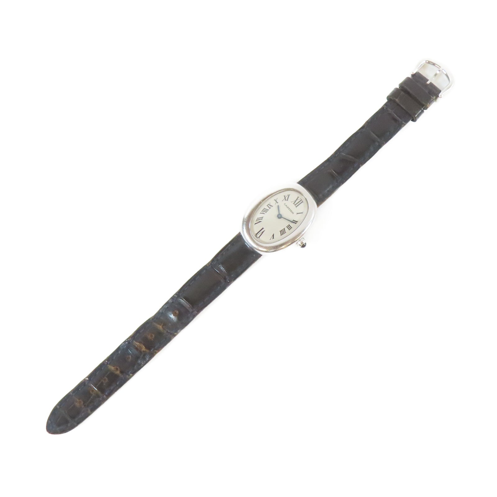CARTIER 18K白金/皮革Baignoire石英機芯手錶白色#17cm