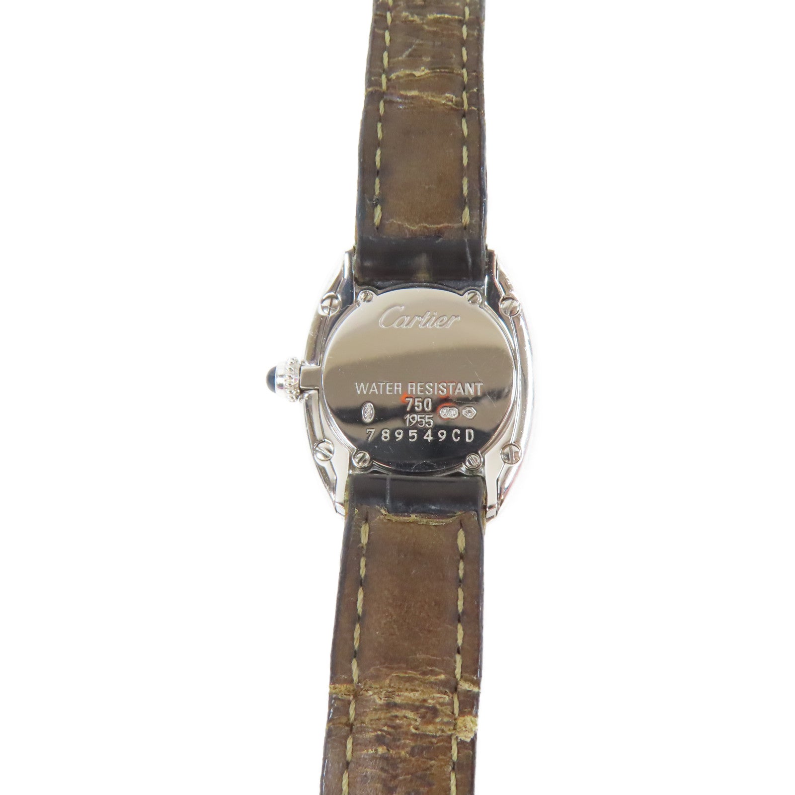 CARTIER 18K白金/皮革Baignoire石英機芯手錶白色#17cm