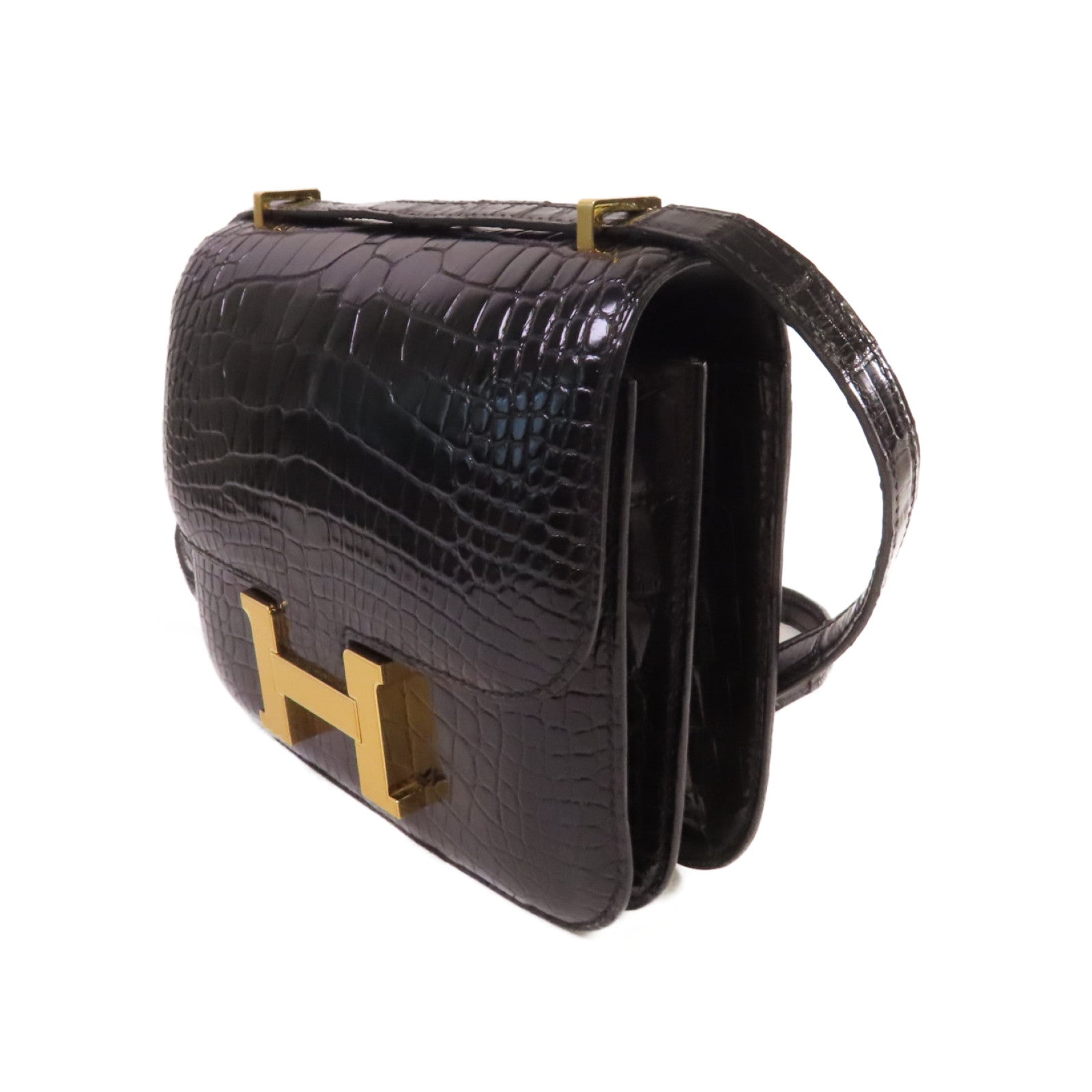 HERMES 鱷魚皮革Constance Mini Shoulder Bag金扣肩背袋黑色
