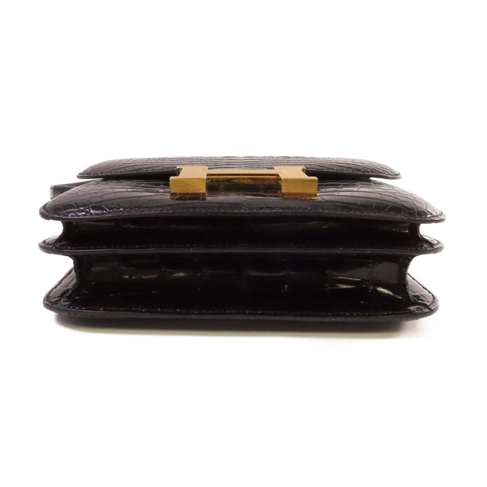 HERMES 鱷魚皮革Constance Mini Shoulder Bag金扣肩背袋黑色