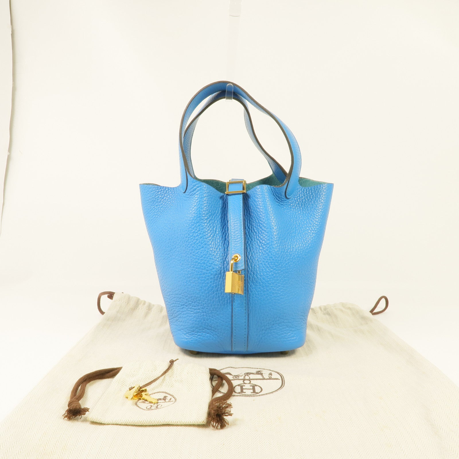 HERMES Clemence皮革Picotin PM金扣手挽袋 Bleu Zanzibar