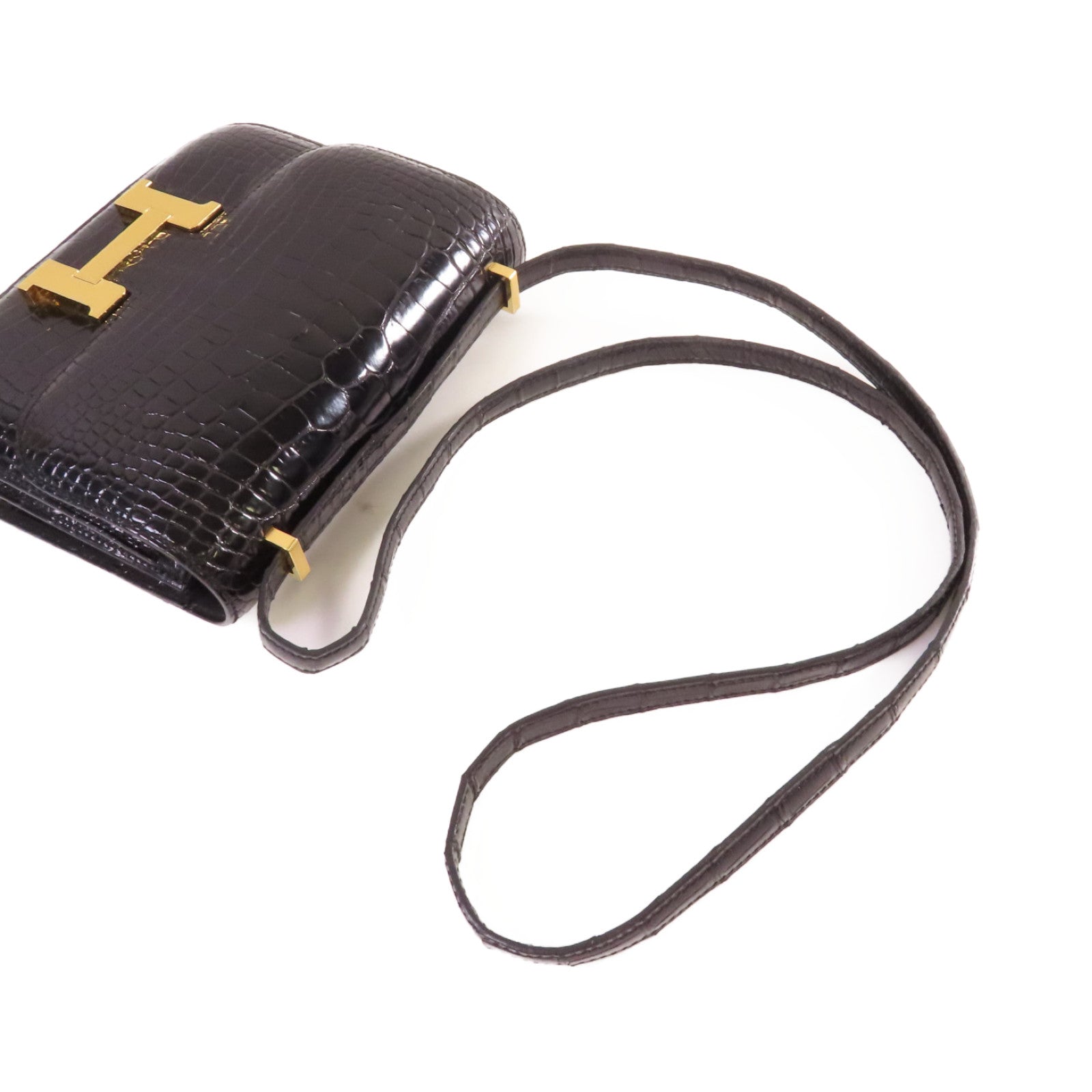 HERMES 鱷魚皮革Constance Mini Shoulder Bag金扣肩背袋黑色