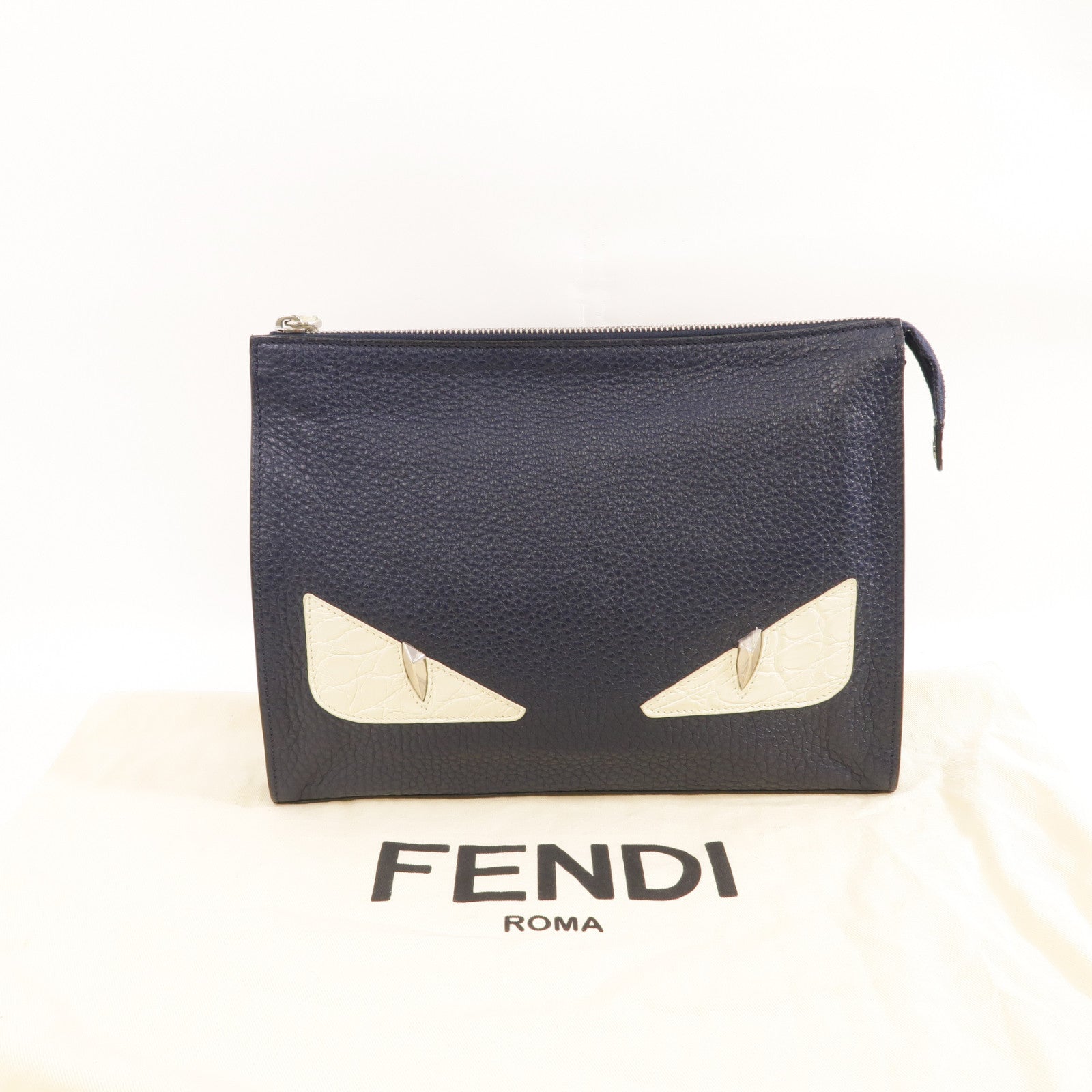 FENDI 牛皮皮革Clutch Bag銀扣手拿包深藍色/白色