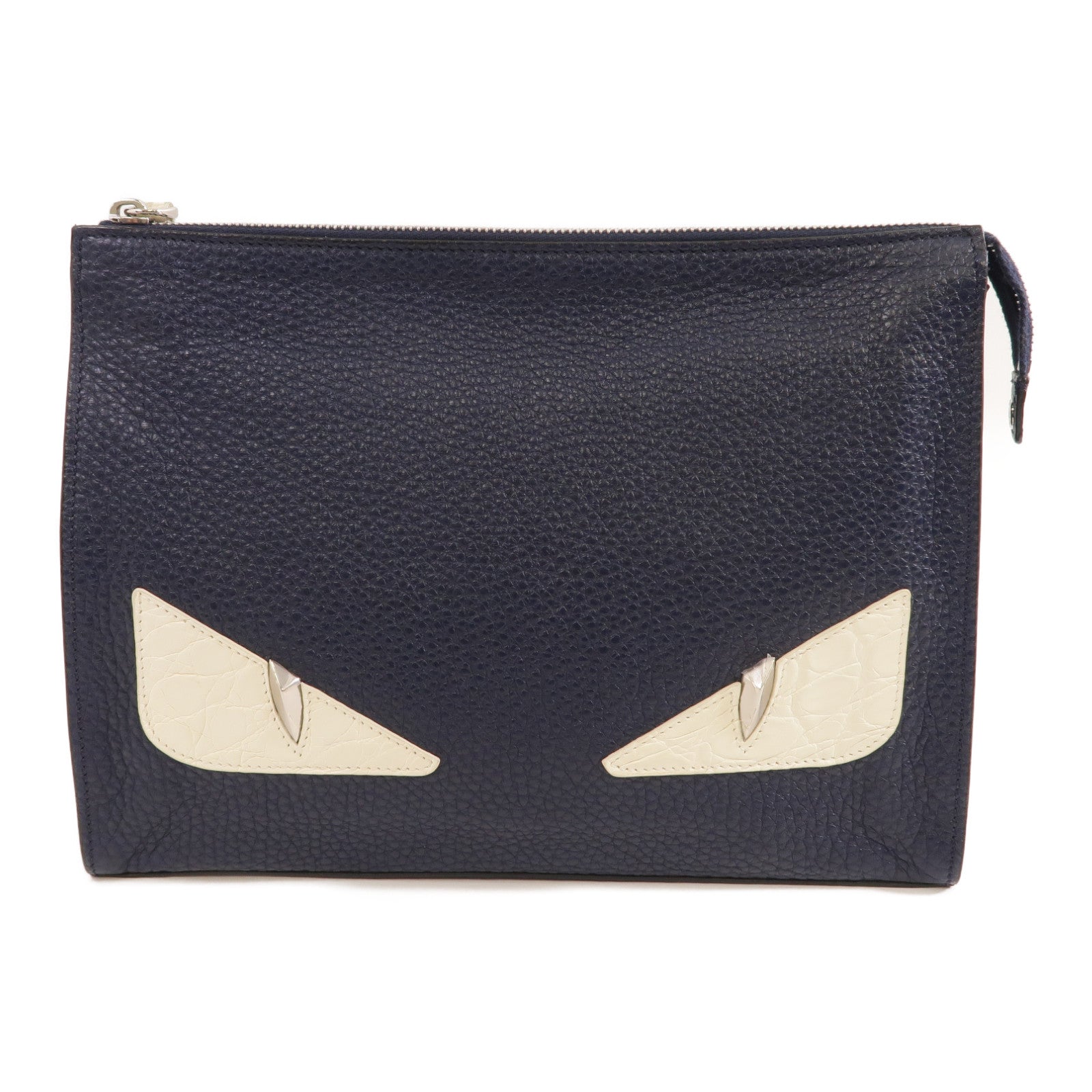 FENDI 牛皮皮革Clutch Bag銀扣手拿包深藍色/白色