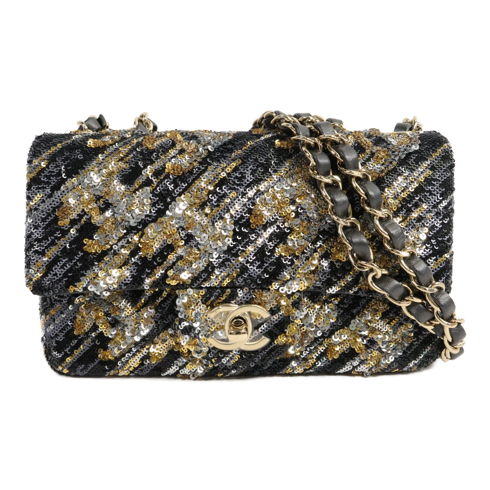 CHANEL 羊皮皮革/珠片Chain Shoulder Bag鏈帶肩背袋