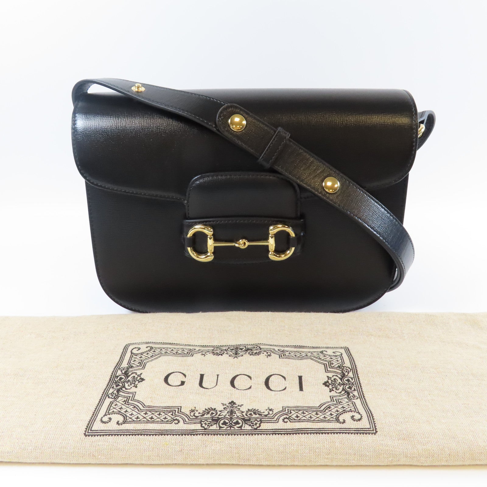 GUCCI 【激減優惠】牛皮皮革Horsebit 1955金扣肩背袋黑色