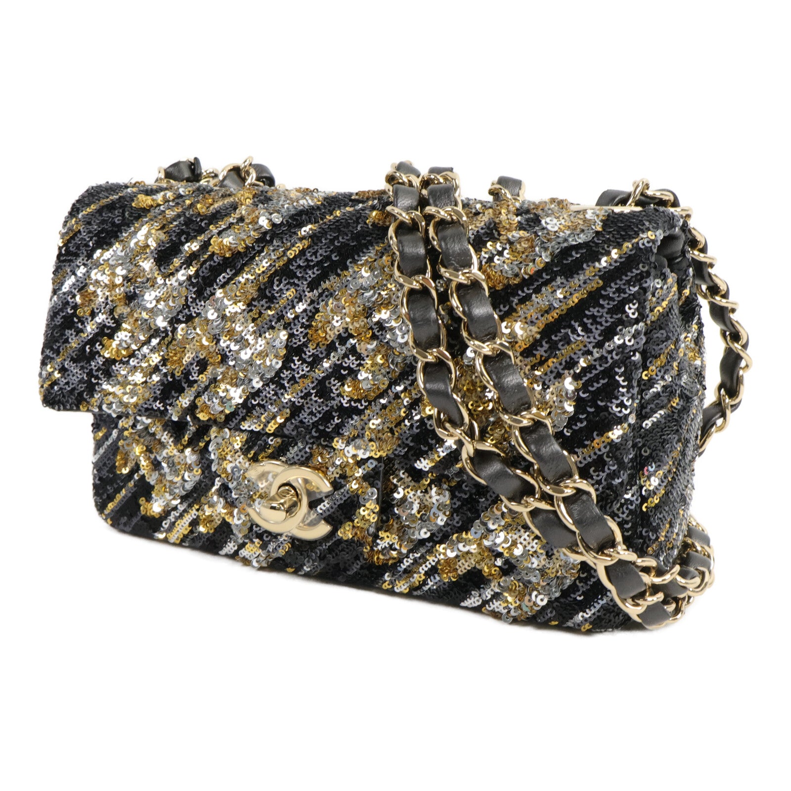 CHANEL 羊皮皮革/珠片Chain Shoulder Bag鏈帶肩背袋