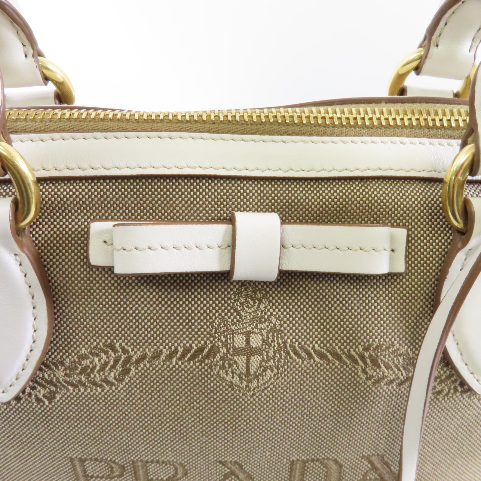 PRADA 帆布Logo Jacquard Shoulder Bag金扣手挽肩背兩用袋啡色/白色