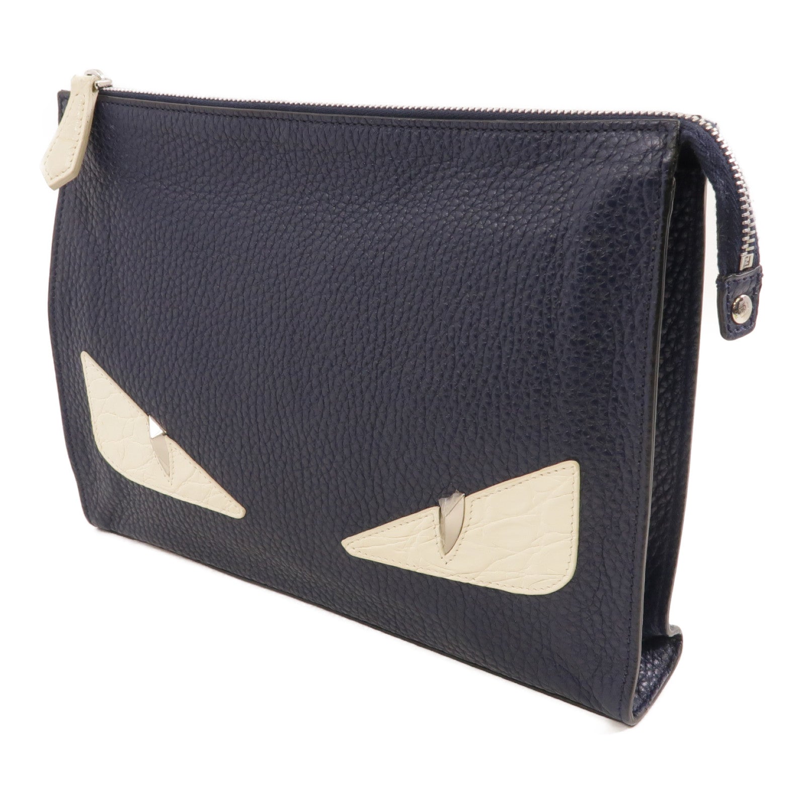 FENDI 牛皮皮革Clutch Bag銀扣手拿包深藍色/白色
