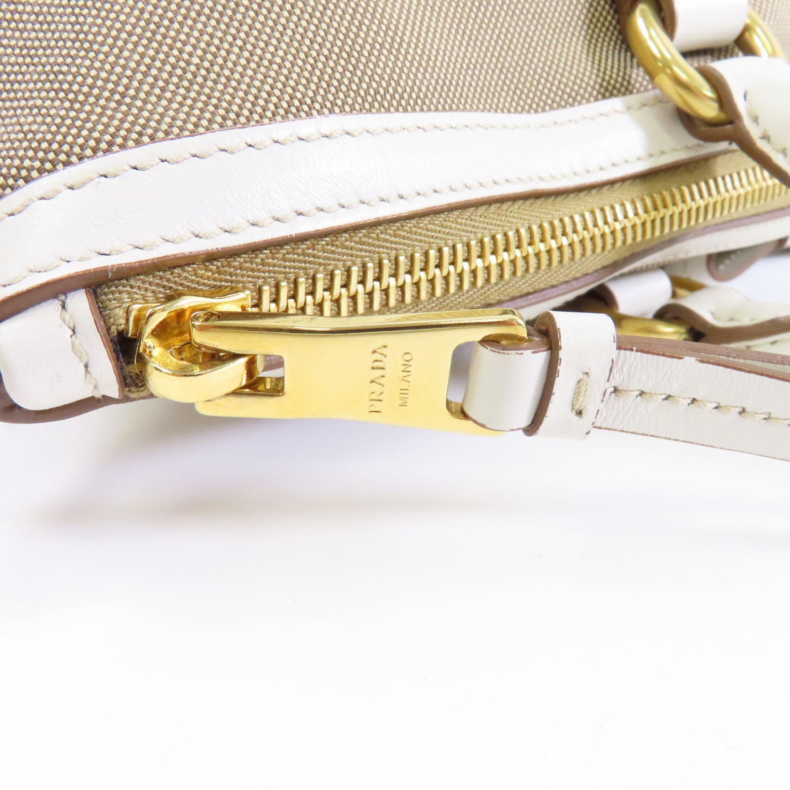 PRADA 帆布Logo Jacquard Shoulder Bag金扣手挽肩背兩用袋啡色/白色