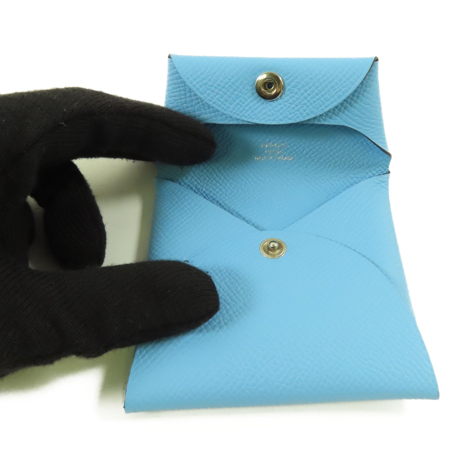 HERMES Epsom皮革Bastia銀扣零錢包Celeste