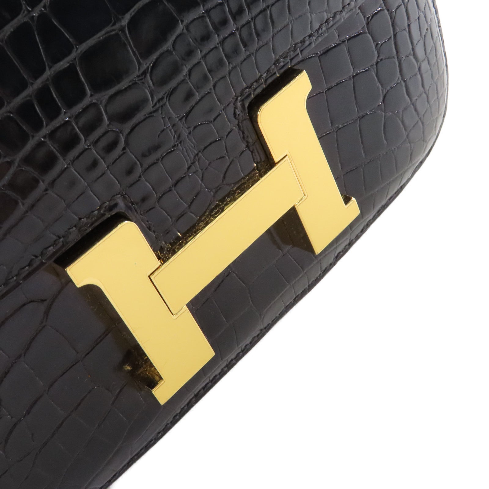 HERMES 鱷魚皮革Constance Mini Shoulder Bag金扣肩背袋黑色