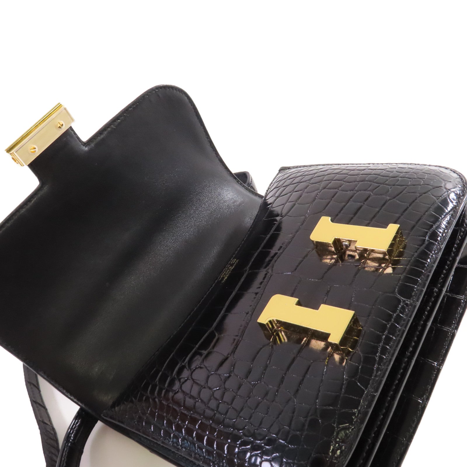 HERMES 鱷魚皮革Constance Mini Shoulder Bag金扣肩背袋黑色