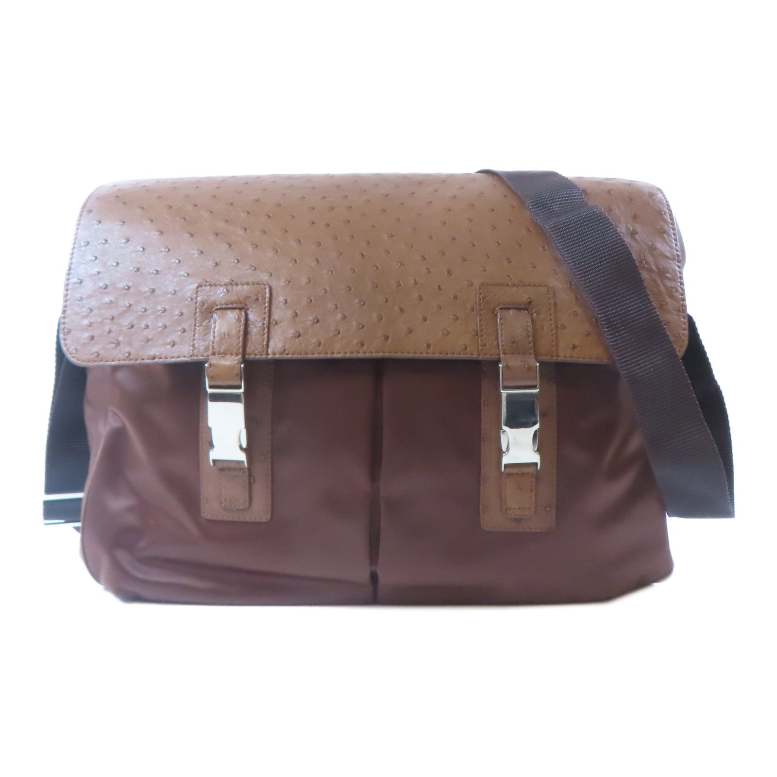 SELECTION 鴕鳥皮革/尼龍Kwanpen Shoulder Bag銀扣肩背袋棕色