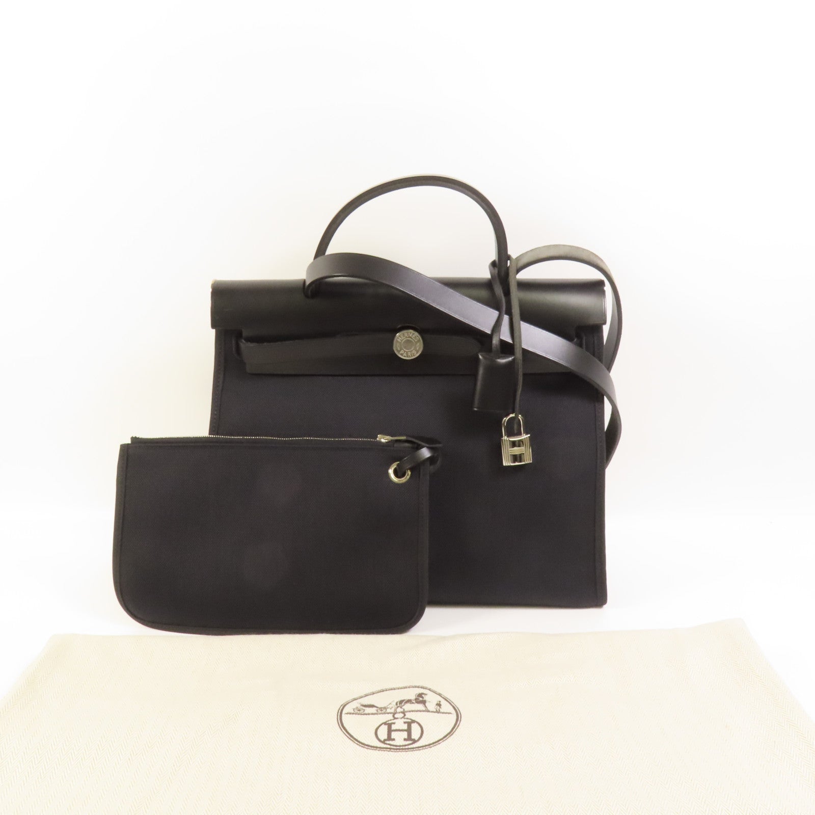 HERMES 帆布Herbag PM銀扣手挽肩背兩用袋Noir