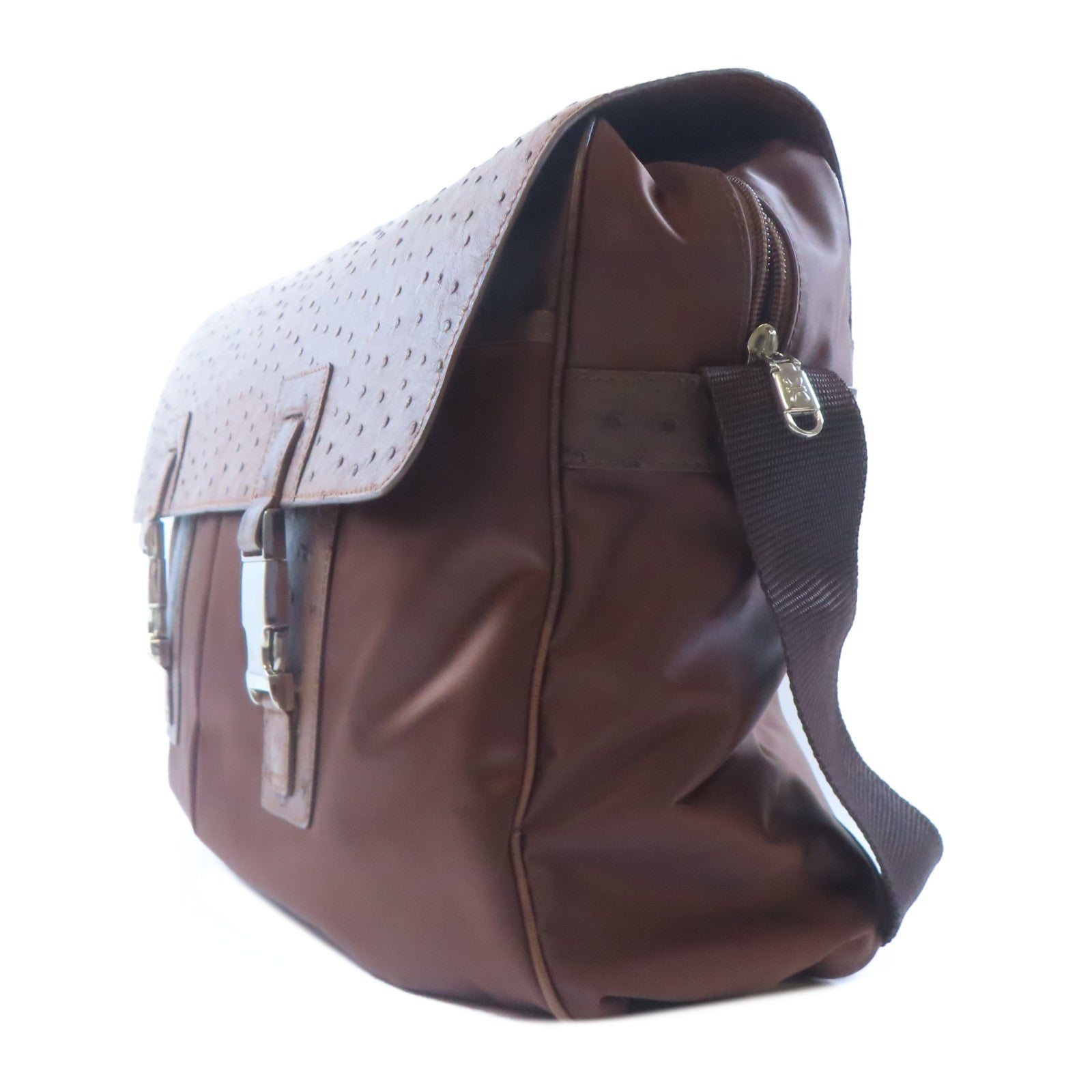 SELECTION 鴕鳥皮革/尼龍Kwanpen Shoulder Bag銀扣肩背袋棕色