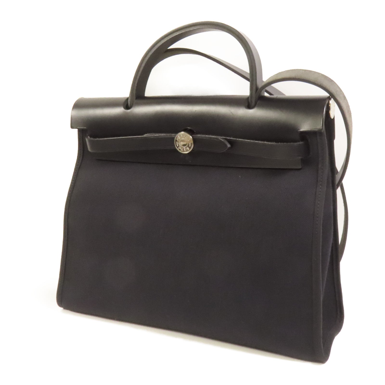 HERMES 帆布Herbag PM銀扣手挽肩背兩用袋Noir