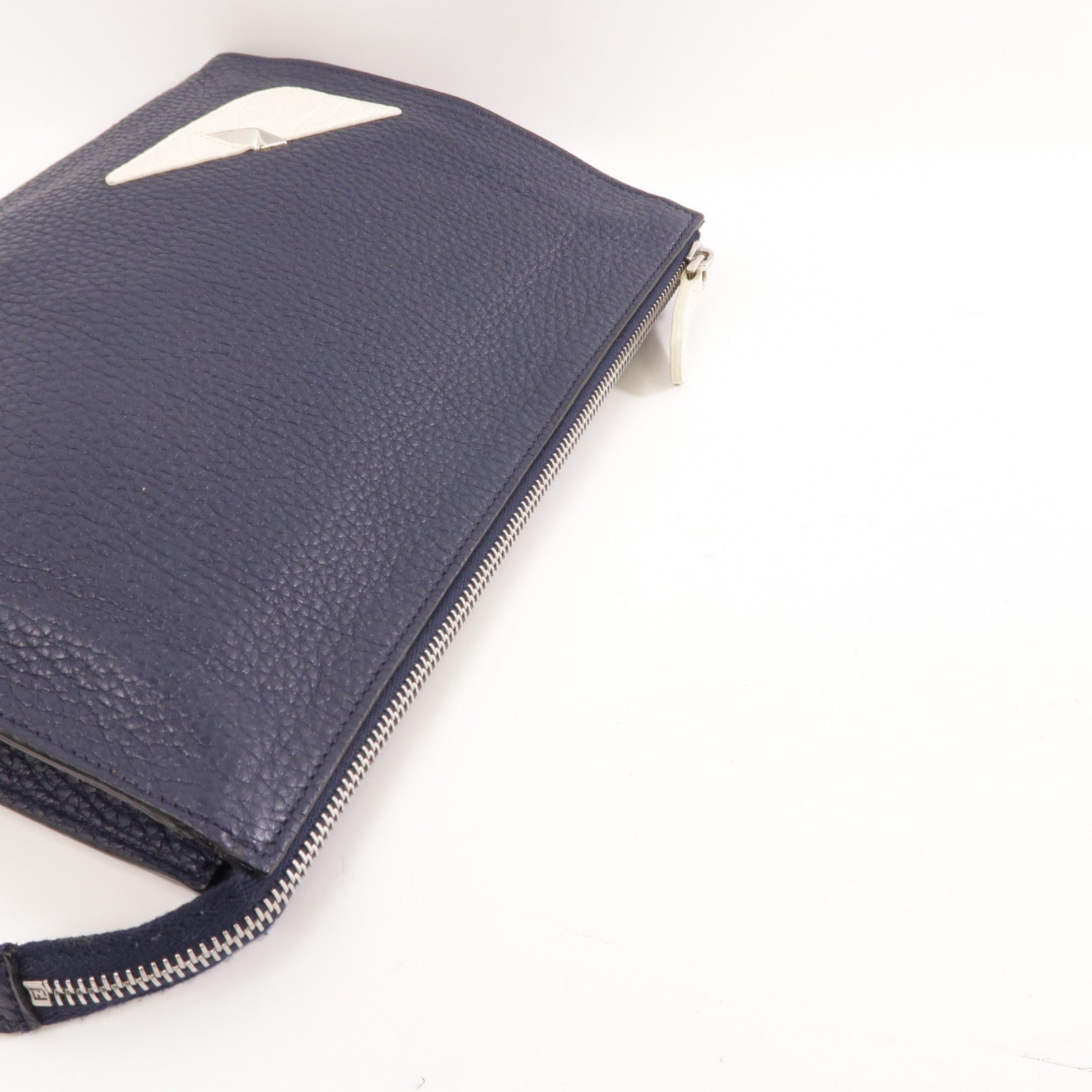 FENDI 牛皮皮革Clutch Bag銀扣手拿包深藍色/白色